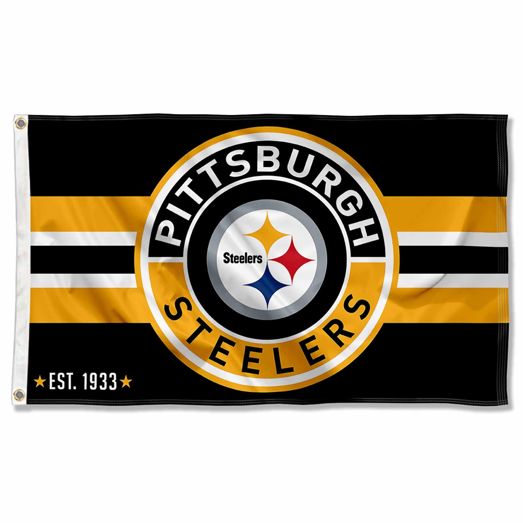 WinCraft Pittsburgh Steelers Patch Button Circle Logo Flag Large 3x5 Banner - Sports Collectibles, Sports Memorabilia, Sports Fan Shop, Sports Gifts