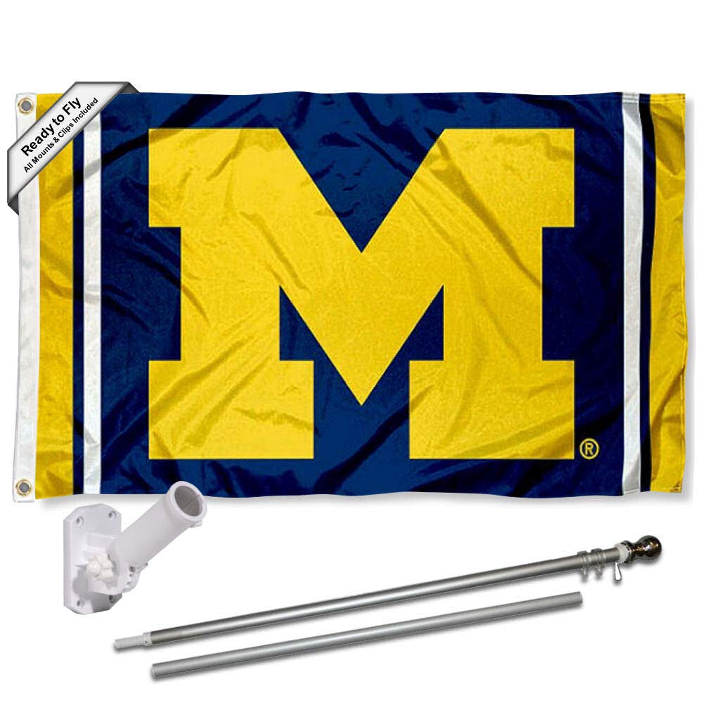 College Flags & Banners Co. Michigan Team University Wolverines Stripes Flag with Pole and Bracket Kit - Sports Collectibles, Sports Memorabilia, Sports Fan Shop, Sports Gifts