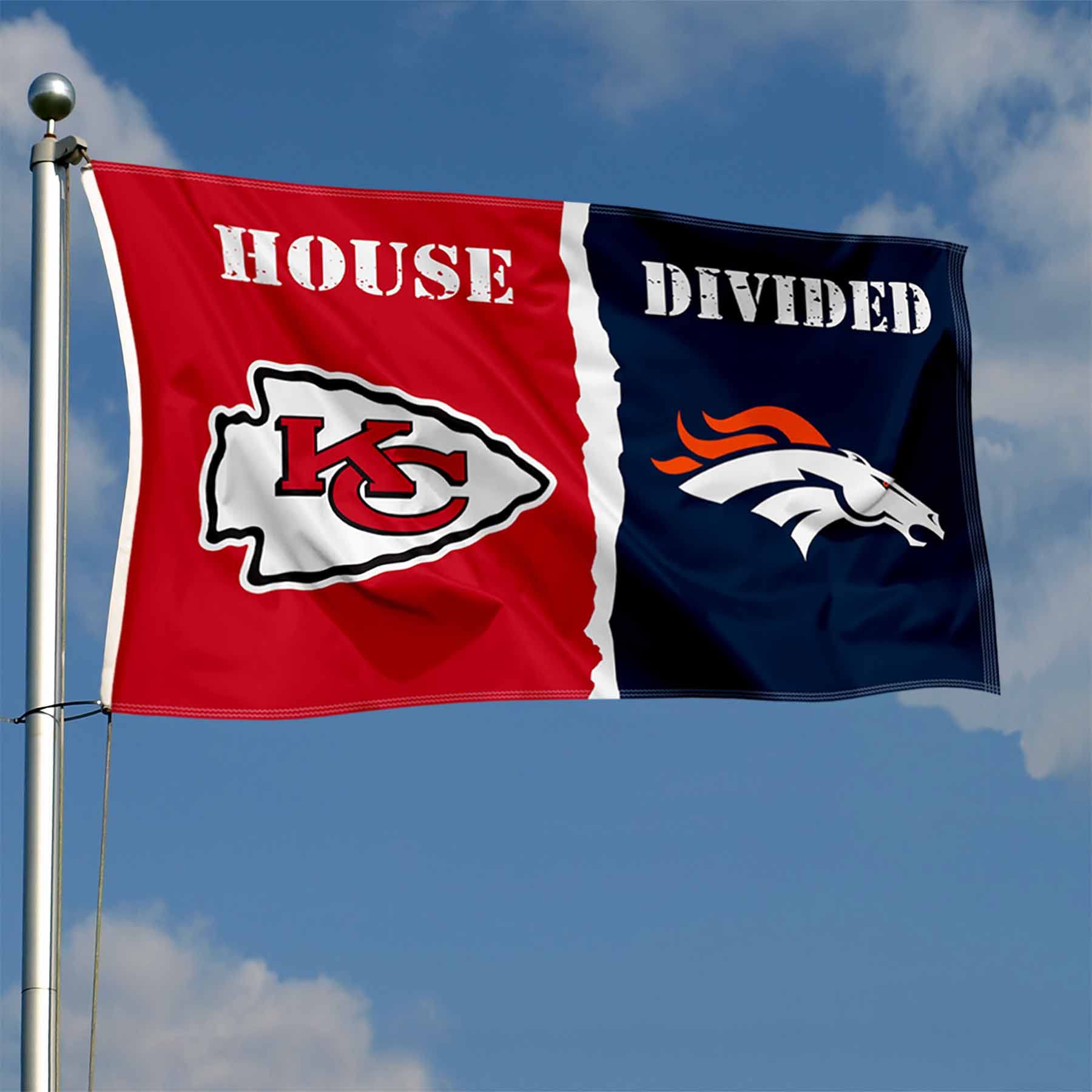 WinCraft Chiefs and Broncos House Divided Flag Rivalry Banner - Sports Collectibles, Sports Memorabilia, Sports Fan Shop, Sports Gifts