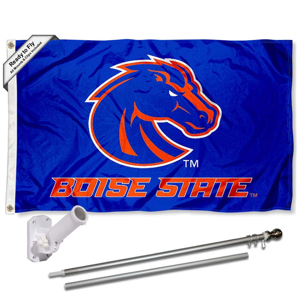 College Flags & Banners Co. Boise State Broncos Blue Flag with Pole and Bracket Complete Set - Sports Collectibles, Sports Memorabilia, Sports Fan Shop, Sports Gifts
