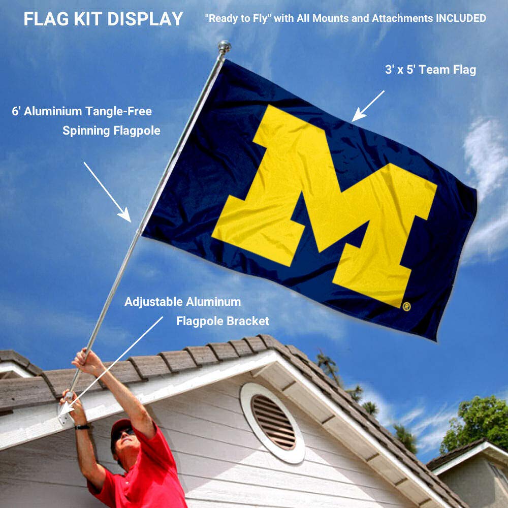 College Flags & Banners Co. Michigan Team University Wolverines Block M Flag with Pole and Bracket Kit - Sports Collectibles, Sports Memorabilia, Sports Fan Shop, Sports Gifts