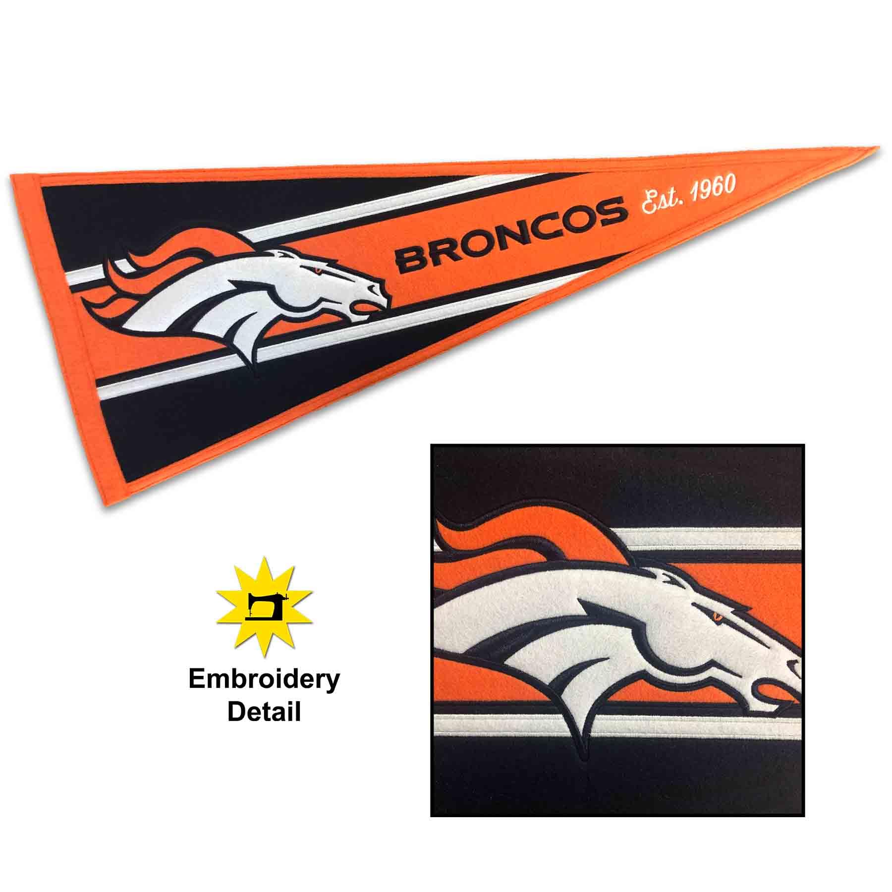 WinCraft Denver Broncos Embroidered and Sewn Pennant - Sports Collectibles, Sports Memorabilia, Sports Fan Shop, Sports Gifts