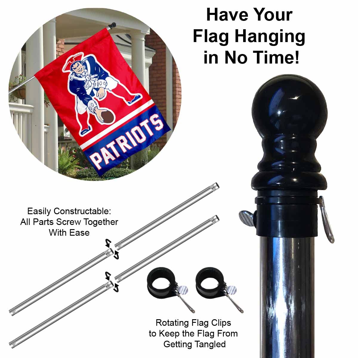 WinCraft Patriots Pat Patriot Banner House Flag and 5 Foot Flagpole Set - Sports Collectibles, Sports Memorabilia, Sports Fan Shop, Sports Gifts