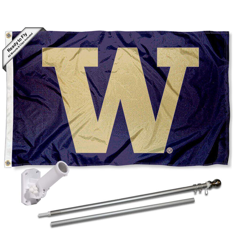 College Flags & Banners Co. Washington Huskies Big W Flag with Pole and Bracket Kit - Sports Collectibles, Sports Memorabilia, Sports Fan Shop, Sports Gifts