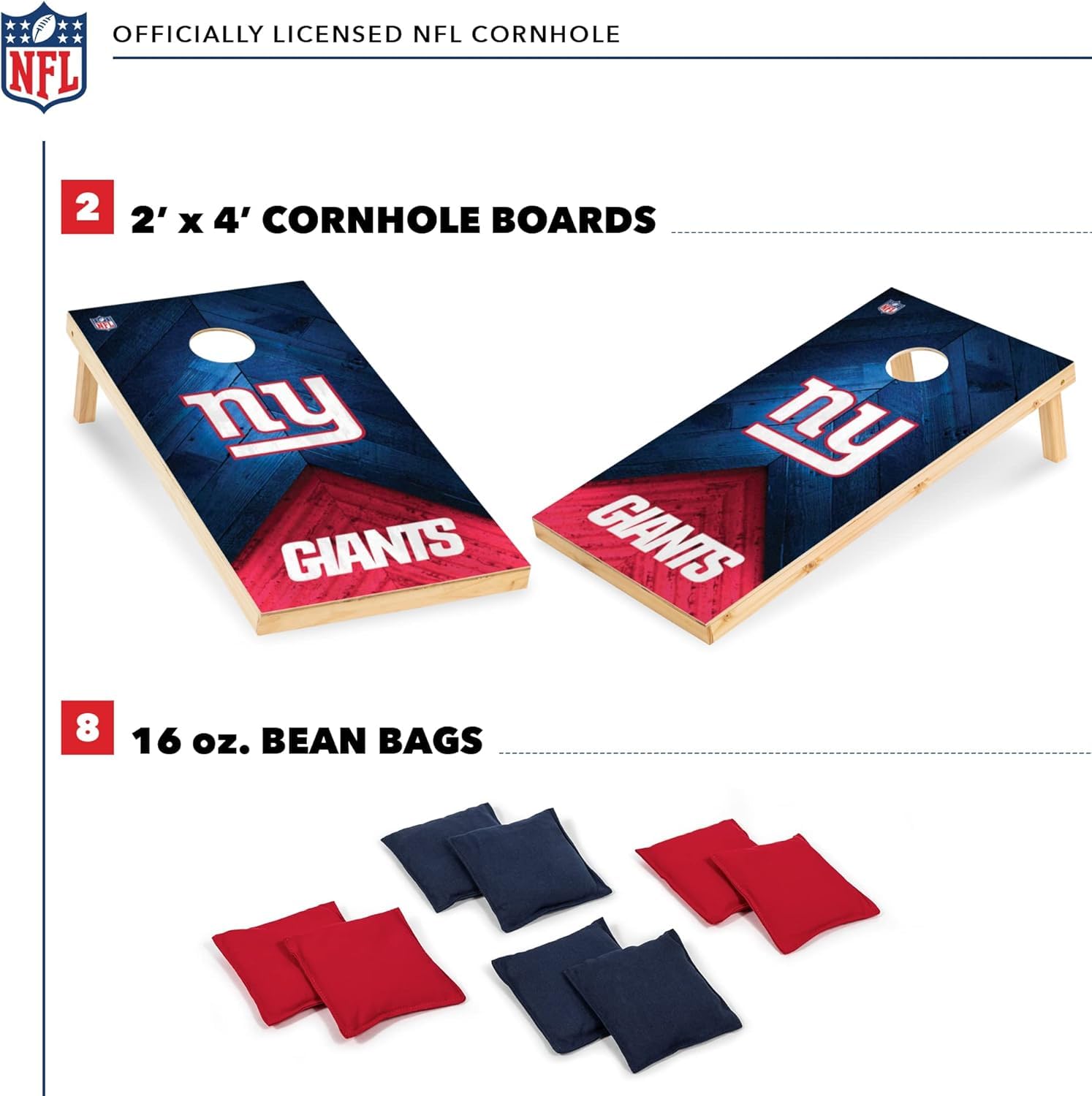 Wild Sports NFL New York Giants 2' x 4' Regulation Size Solid Wood Cornhole Set with Direct Print HD Team Graphics - Sports Collectibles, Sports Memorabilia, Sports Fan Shop, Sports Gifts