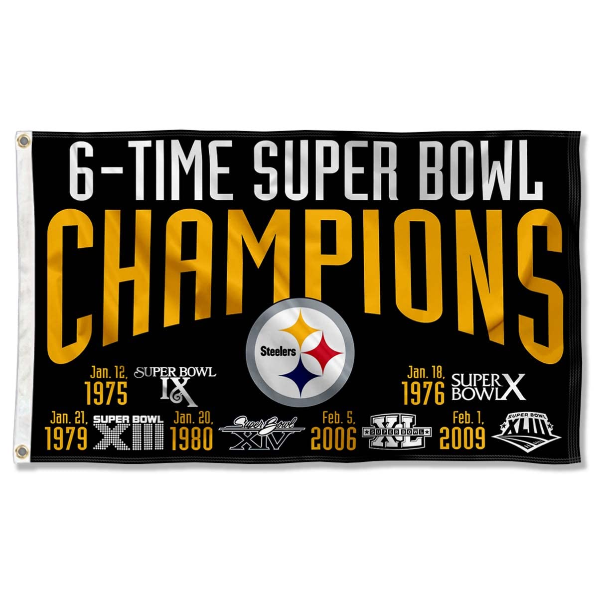 WinCraft Pittsburgh Steelers 6X and 6 Time Super Bowl Champions Flag Outdoor Indoor 3x5 Foot Banner - Sports Collectibles, Sports Memorabilia, Sports Fan Shop, Sports Gifts
