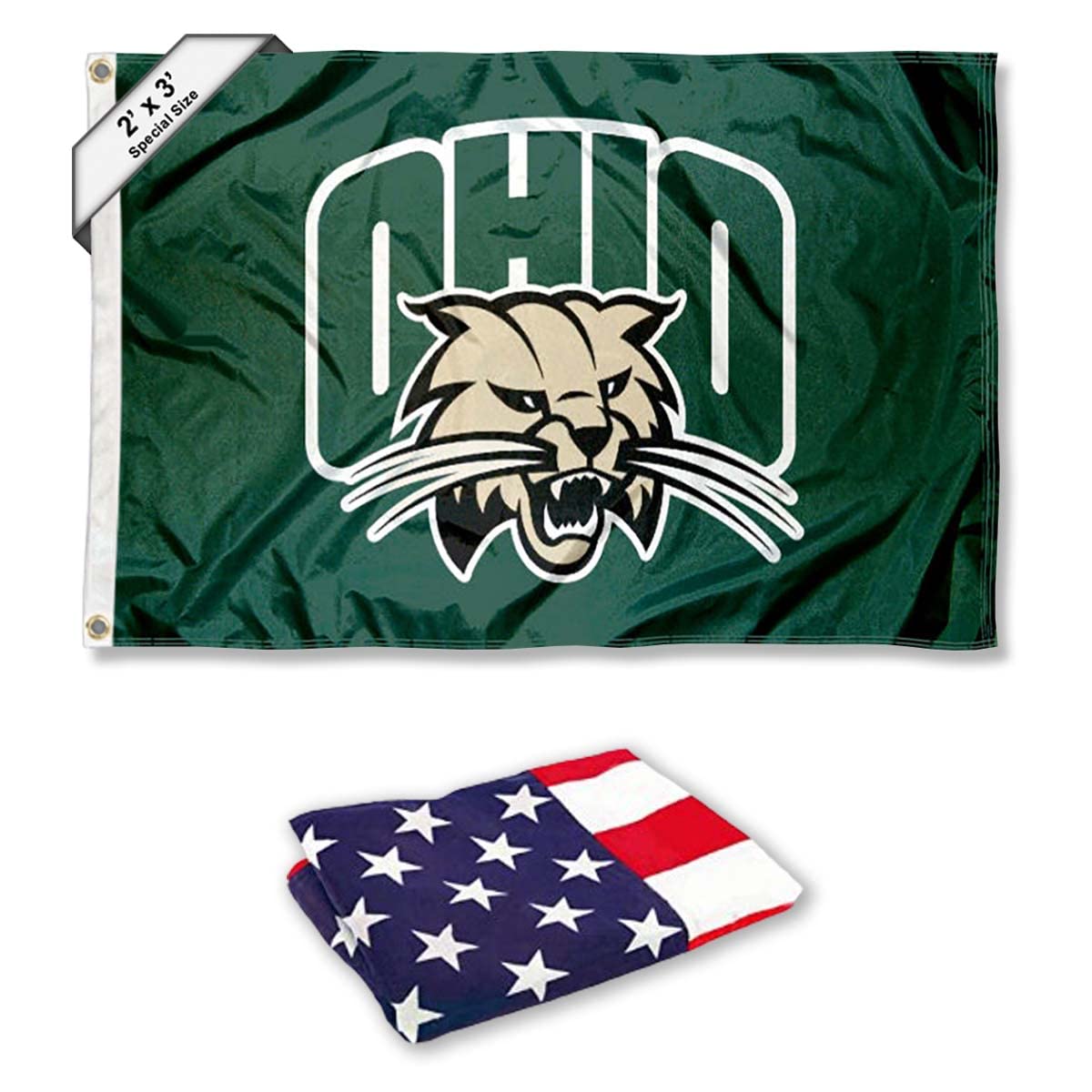 Ohio Bobcats Small 2'x3' Flag and USA 3x5 Flag Set - Sports Collectibles, Sports Memorabilia, Sports Fan Shop, Sports Gifts