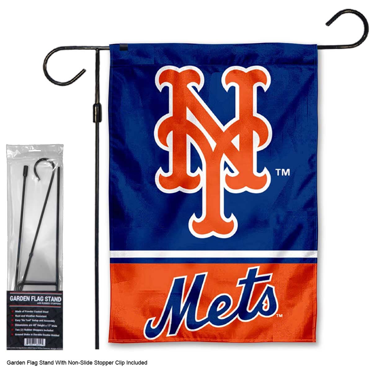 WinCraft Mets Garden Flag with Stand Holder Flagpole - Sports Collectibles, Sports Memorabilia, Sports Fan Shop, Sports Gifts