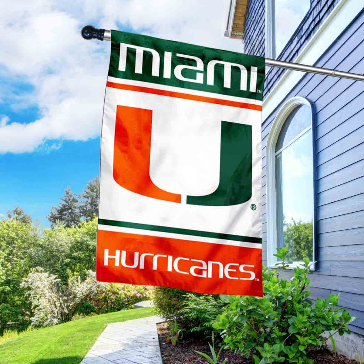 College Flags & Banners Co. Miami Hurricanes House Flag with Flag Pole Set - Sports Collectibles, Sports Memorabilia, Sports Fan Shop, Sports Gifts