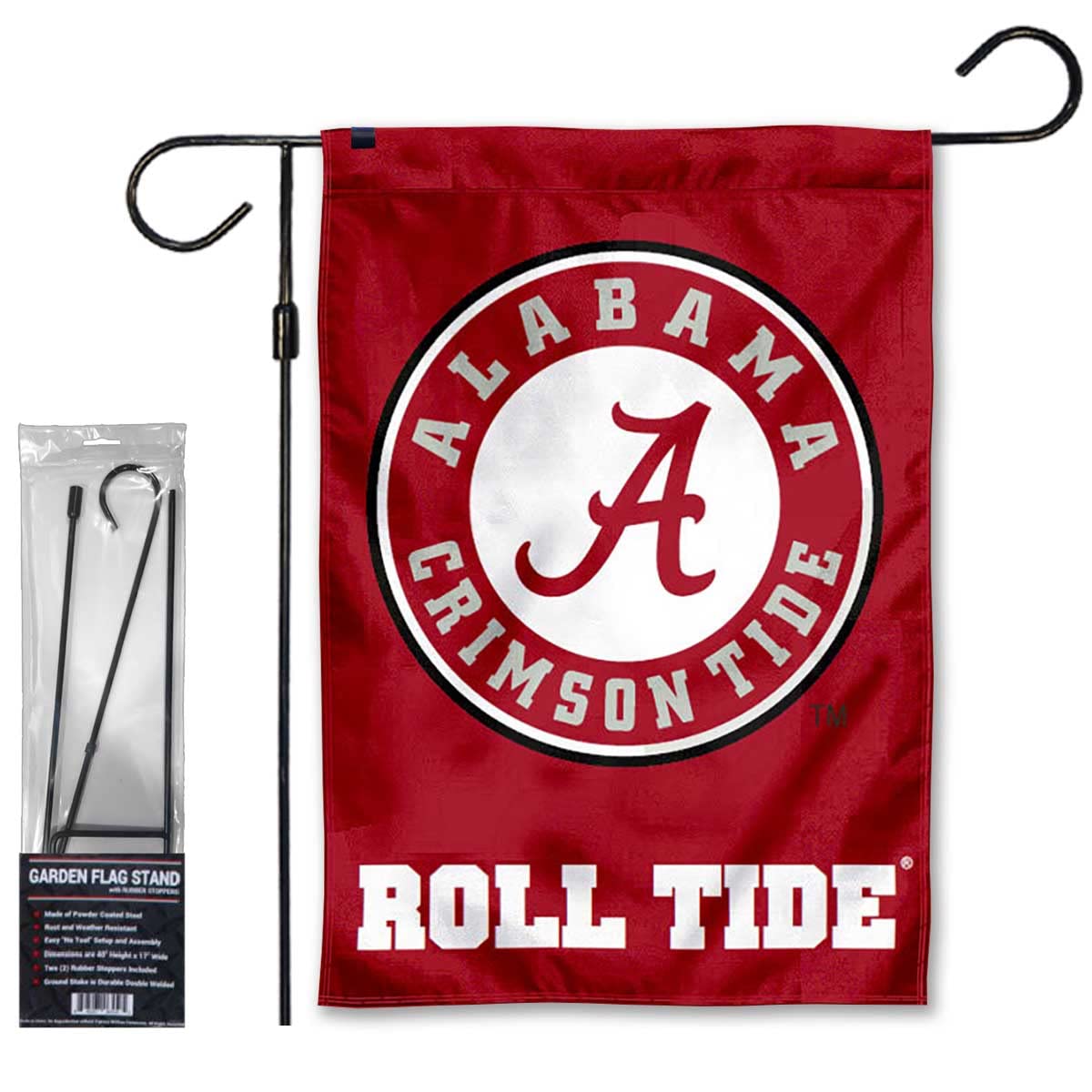 Alabama Crimson Tide Circle Logo Garden Banner Flag with Stand Pole Holder - Sports Collectibles, Sports Memorabilia, Sports Fan Shop, Sports Gifts