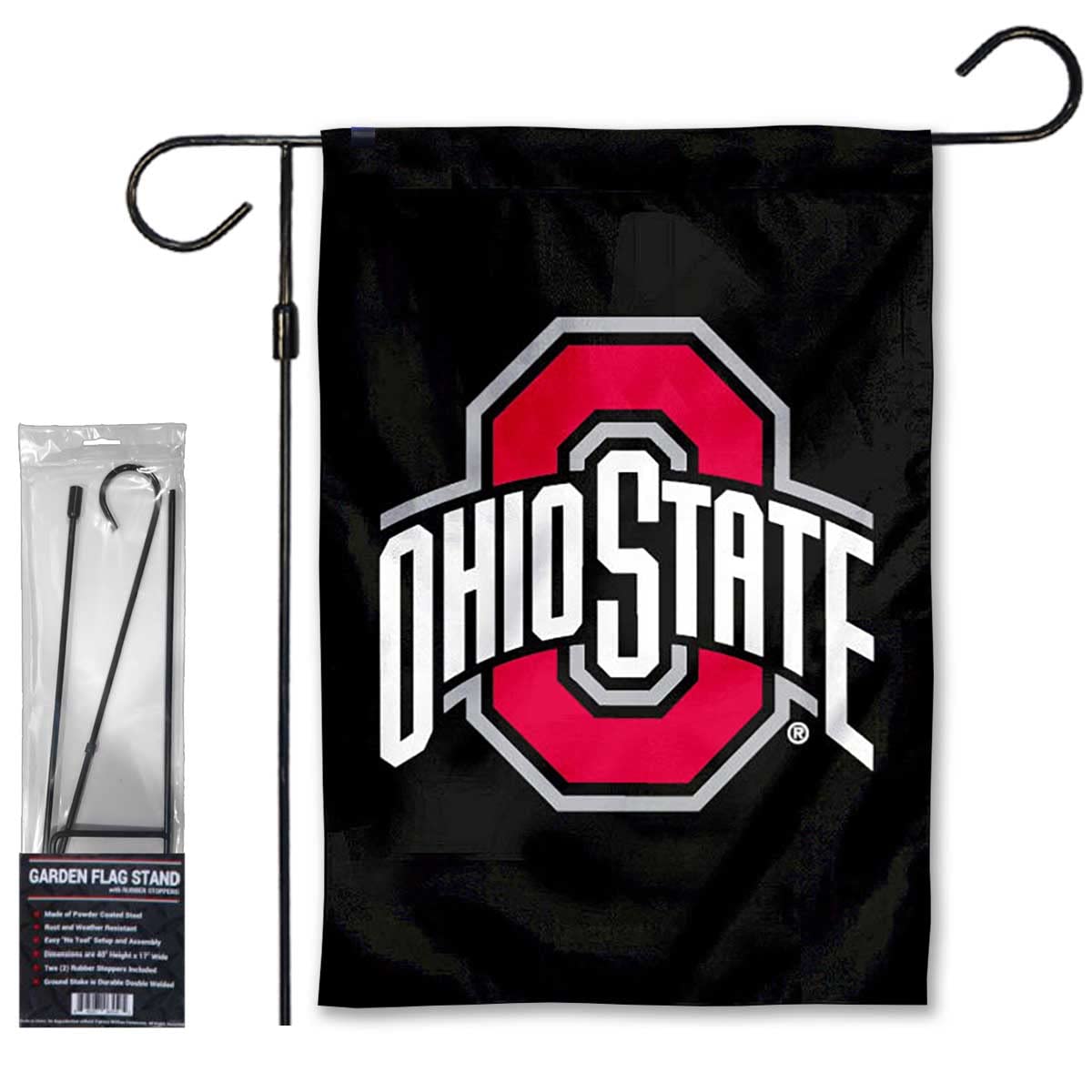 College Flags & Banners Co. Ohio State Buckeyes Black Garden Banner Flag with Flag Pole Stand Set - Sports Collectibles, Sports Memorabilia, Sports Fan Shop, Sports Gifts