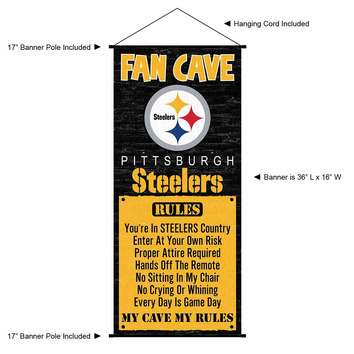 WinCraft Pittsburgh Steelers Man Cave Fan Banner Wall Door Scroll - Sports Collectibles, Sports Memorabilia, Sports Fan Shop, Sports Gifts