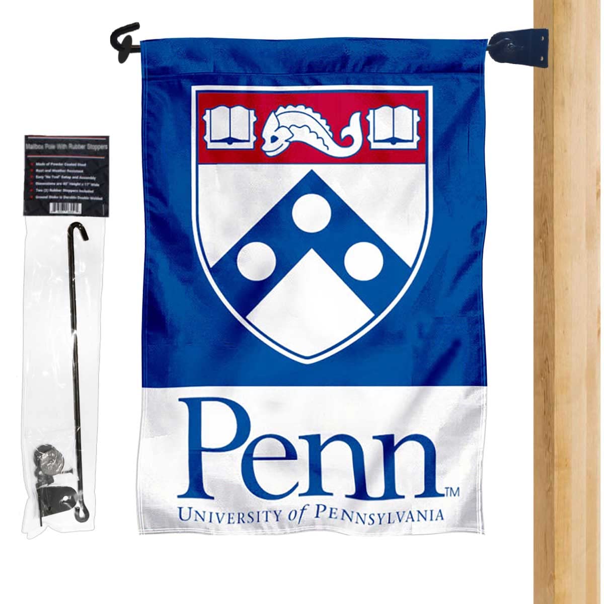 Penn Quakers Shield Garden Flag and Mailbox Post Pole Mount Holder Set - Sports Collectibles, Sports Memorabilia, Sports Fan Shop, Sports Gifts