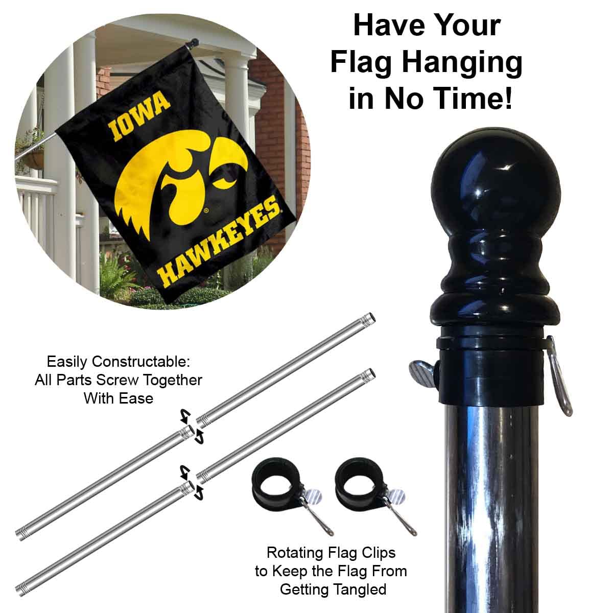Iowa Hawkeyes House Flag with Flag Pole Set - Sports Collectibles, Sports Memorabilia, Sports Fan Shop, Sports Gifts