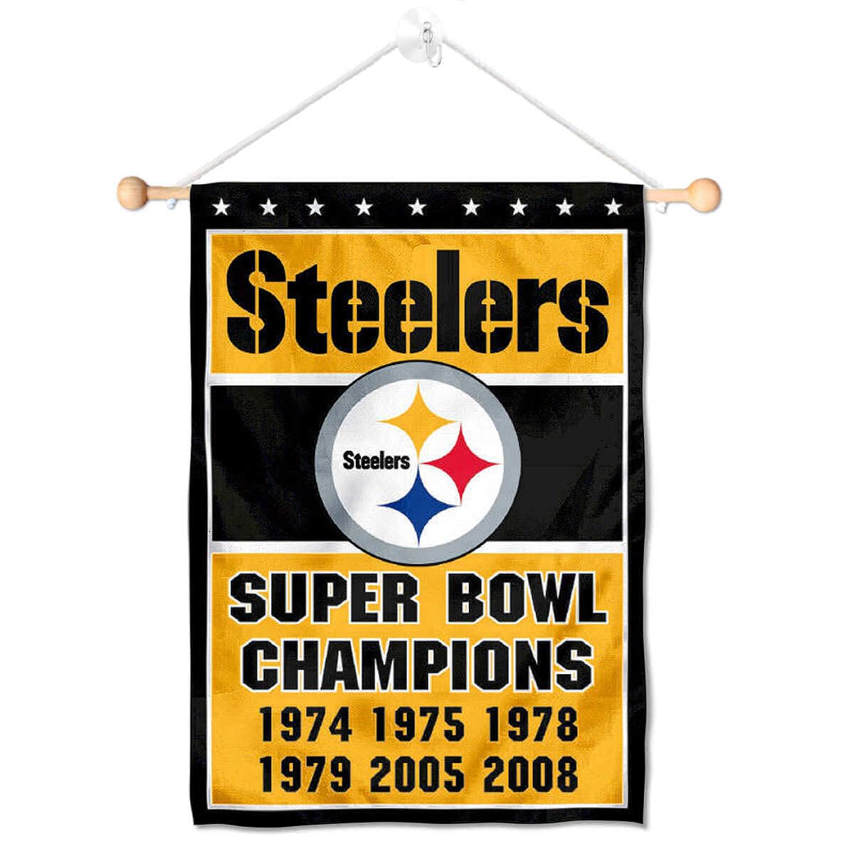 Pittsburgh Steelers 6 Time Champions Banner Window Wall Hanging Flag with Suction Cup - Sports Collectibles, Sports Memorabilia, Sports Fan Shop, Sports Gifts