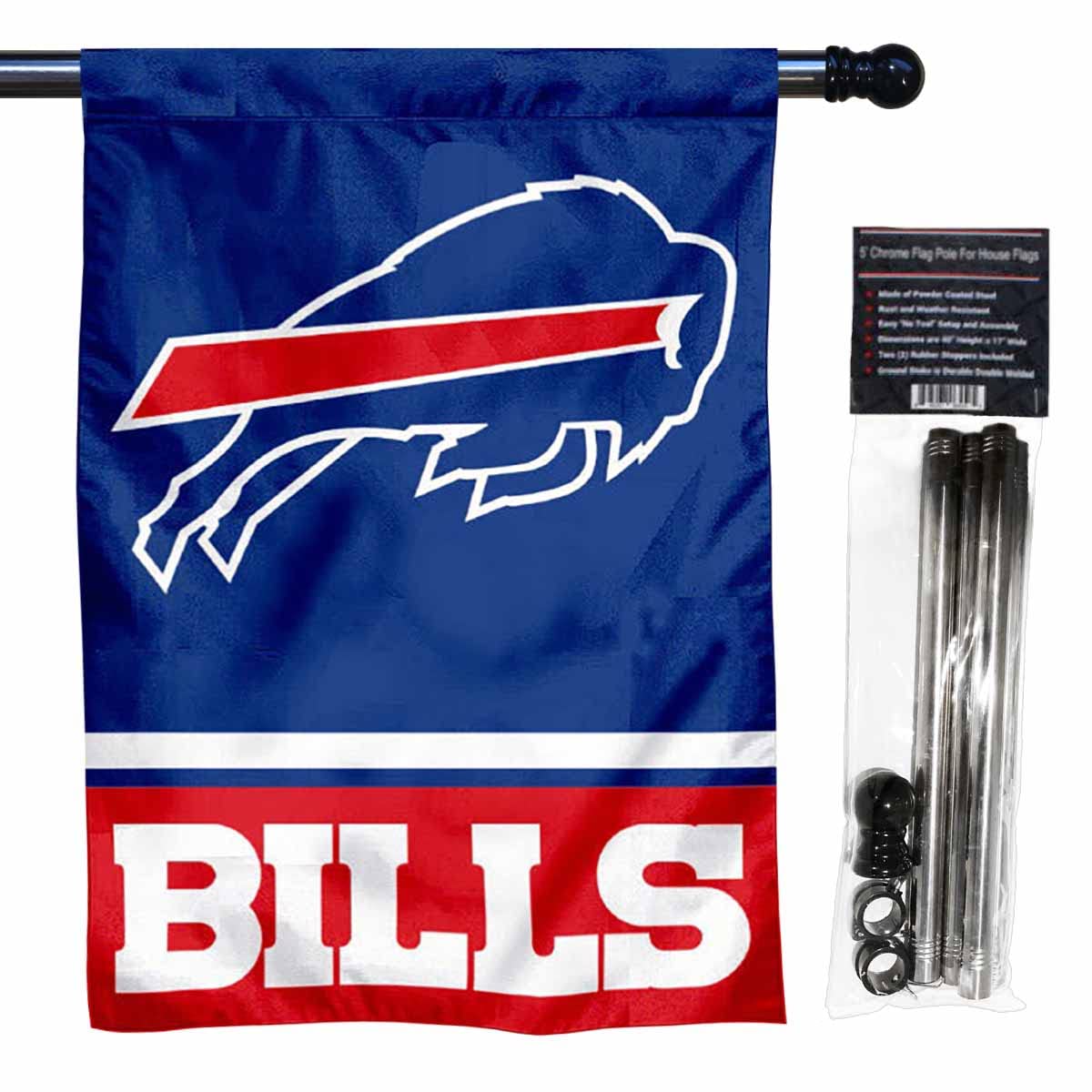 WinCraft Bills Banner House Flag and 5 Foot Flagpole Set - Sports Collectibles, Sports Memorabilia, Sports Fan Shop, Sports Gifts
