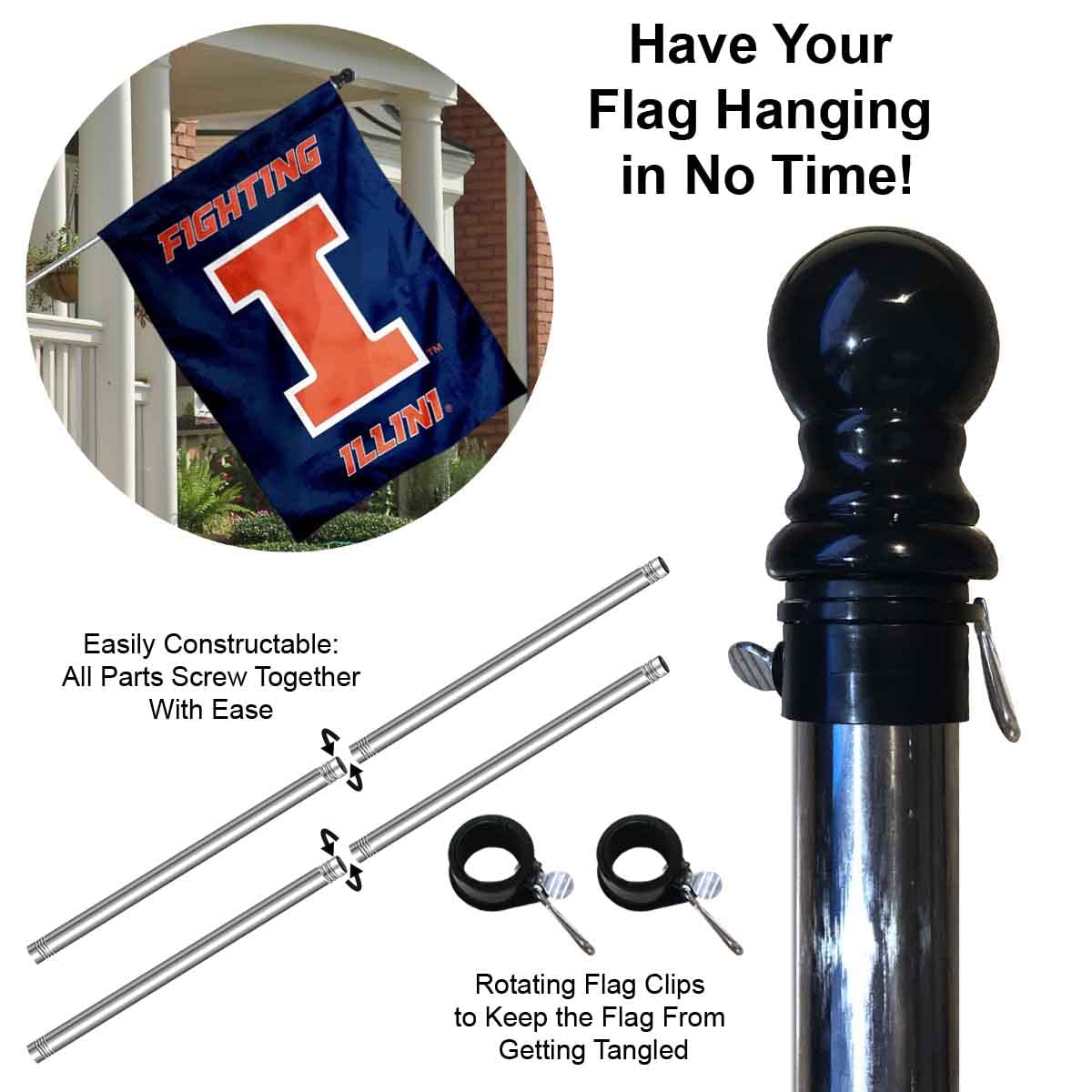 College Flags & Banners Co. University of Illinois Banner Flag with Flag Pole Set - Sports Collectibles, Sports Memorabilia, Sports Fan Shop, Sports Gifts