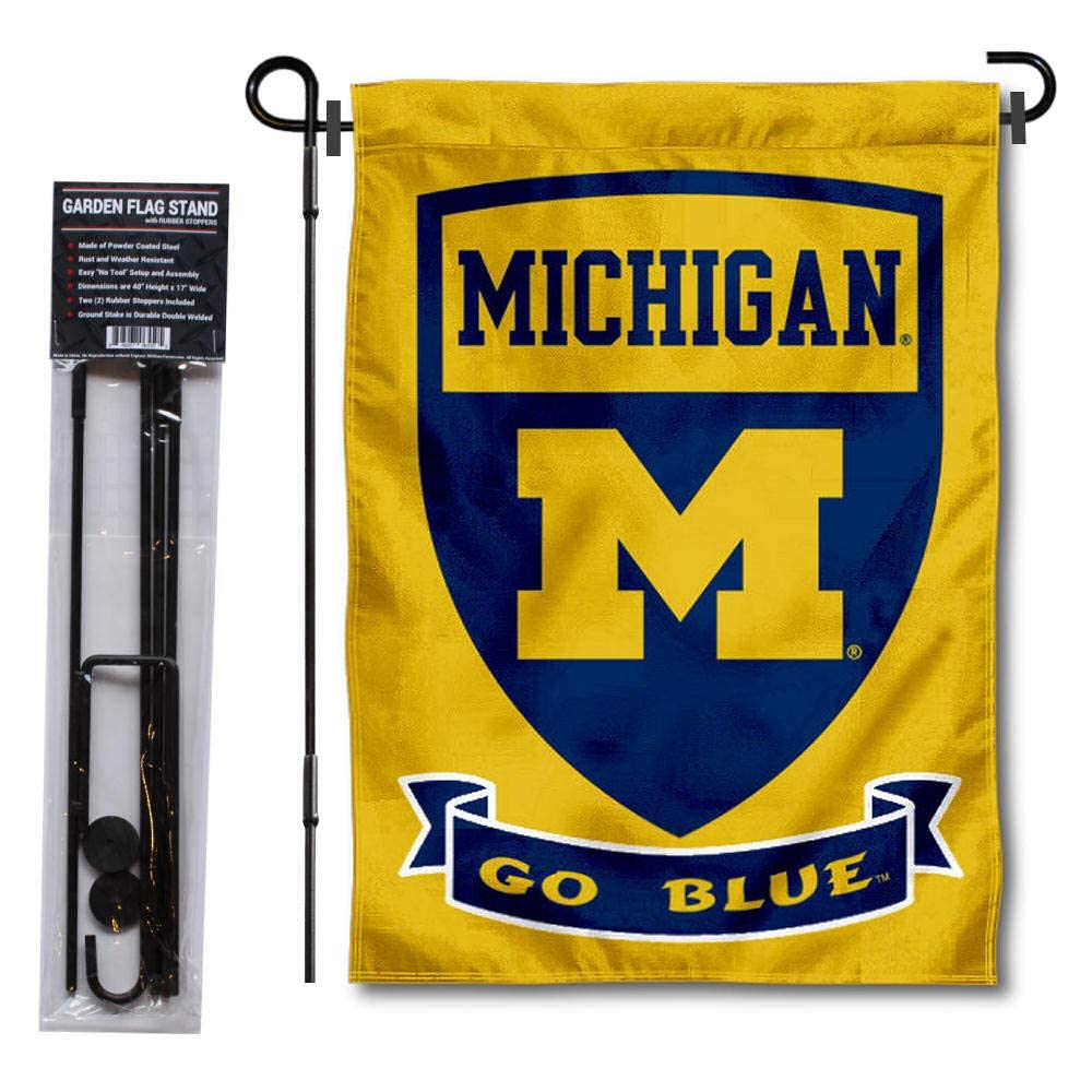 College Flags & Banners Co. Michigan Wolverines Double Sided Shield Logo Garden Flag and USA Flag Stand Pole Holder Set - Sports Collectibles, Sports Memorabilia, Sports Fan Shop, Sports Gifts