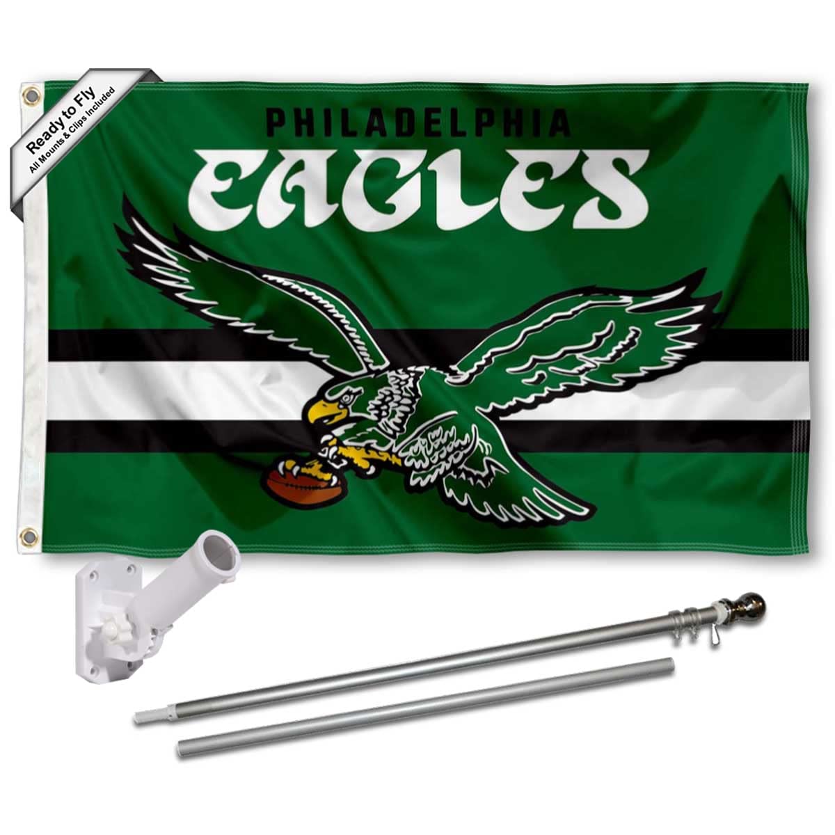 WinCraft Philadelphia Eagles Throwback Vintage Retro Flag Pole and Bracket Mount Kit - Sports Collectibles, Sports Memorabilia, Sports Fan Shop, Sports Gifts