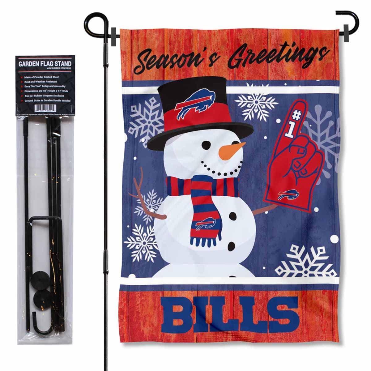 WinCraft Buffalo Bills Holiday Snowman Garden Flag and Flagpole Mount - Sports Collectibles, Sports Memorabilia, Sports Fan Shop, Sports Gifts