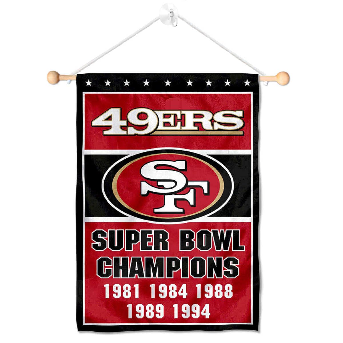San Francisco 49ers 5 Time Champions Banner Window Wall Hanging Flag with Suction Cup - Sports Collectibles, Sports Memorabilia, Sports Fan Shop, Sports Gifts