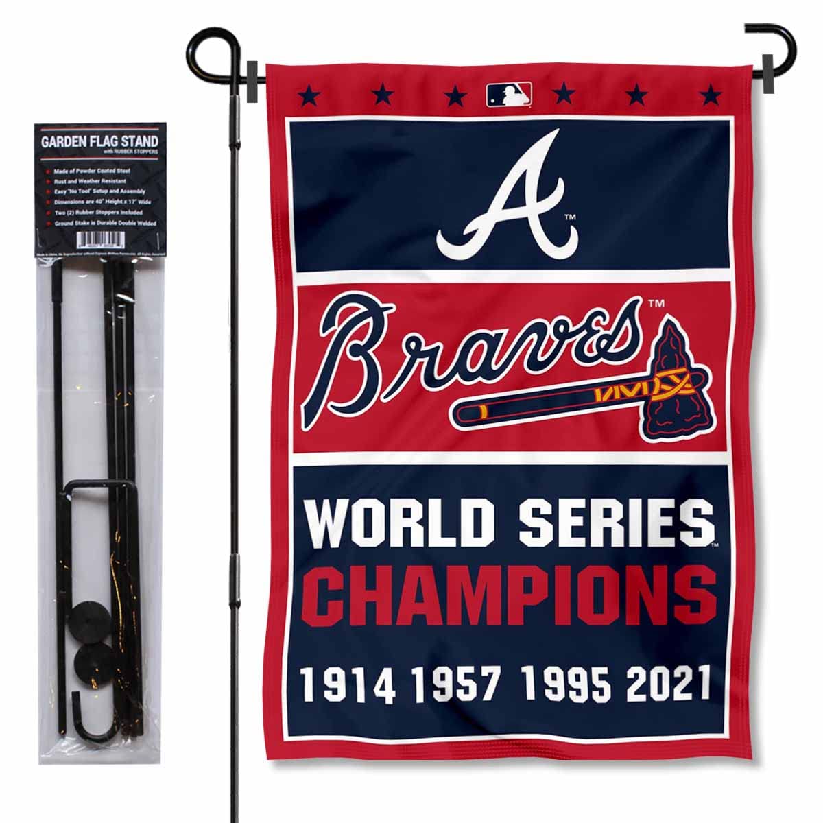 WinCraft Atlanta Braves 4 Time Champions Garden Flag and Pole Stand Mount - Sports Collectibles, Sports Memorabilia, Sports Fan Shop, Sports Gifts