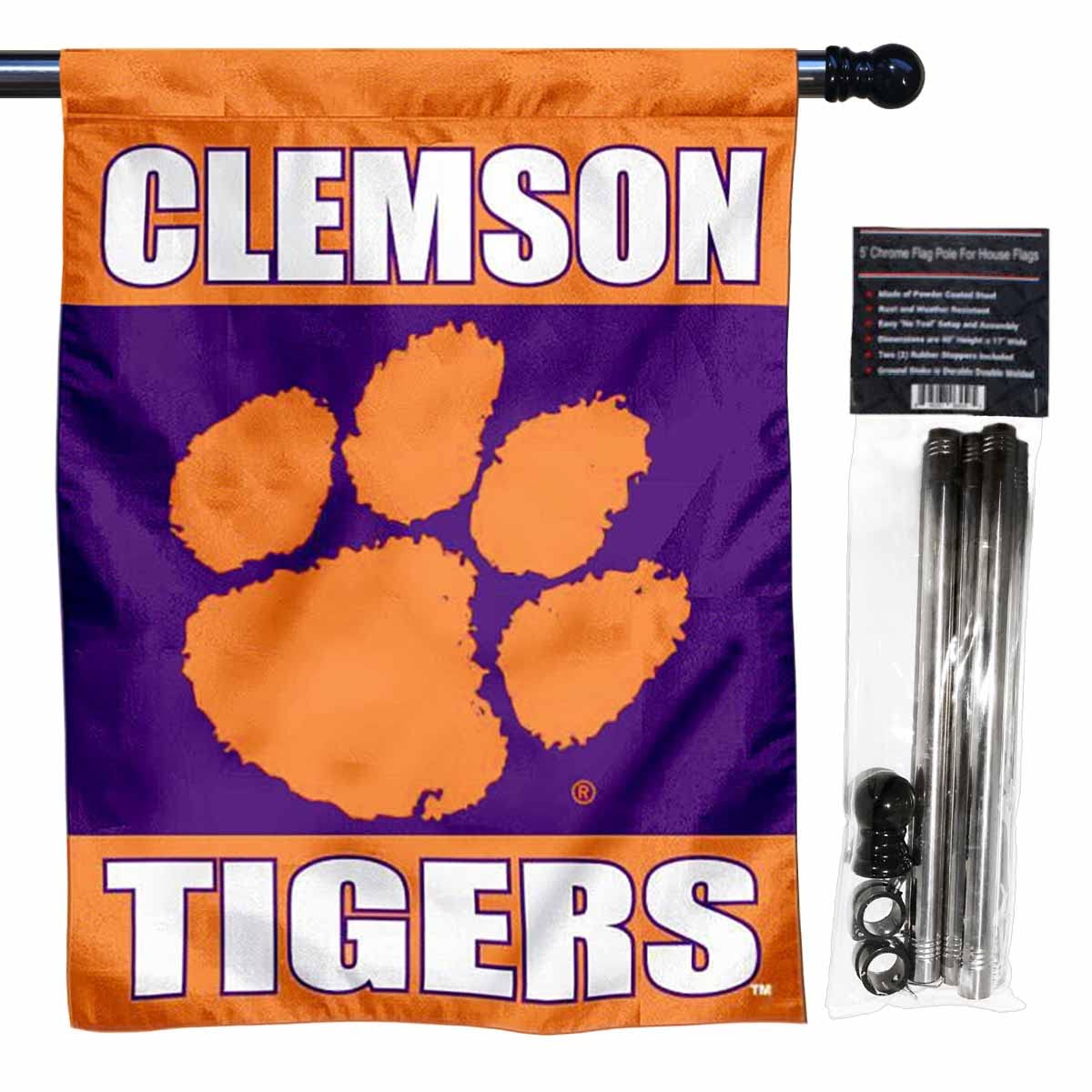 Clemson Two Sided House Flag with Flag Pole Set - Sports Collectibles, Sports Memorabilia, Sports Fan Shop, Sports Gifts