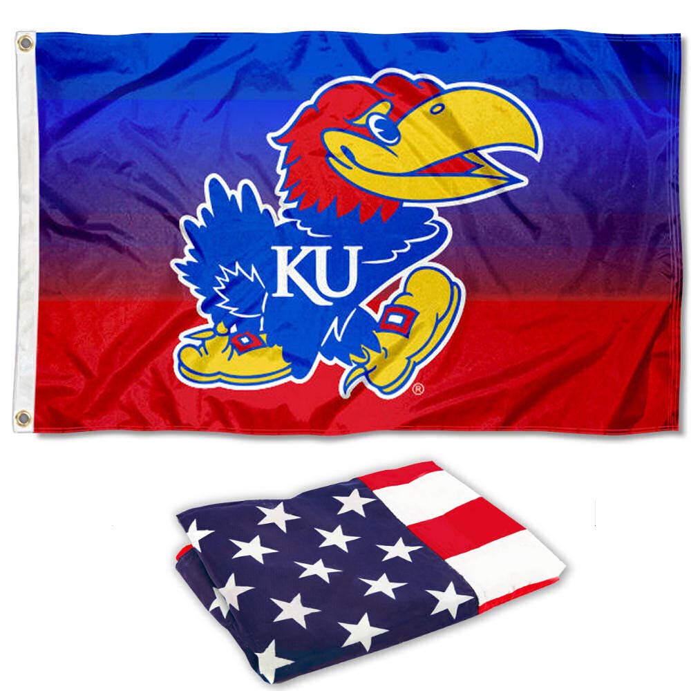 College Flags & Banners Co. Kansas Jayhawks Gradient Ombre Flag and USA 3x5 Flag Set - Sports Collectibles, Sports Memorabilia, Sports Fan Shop, Sports Gifts