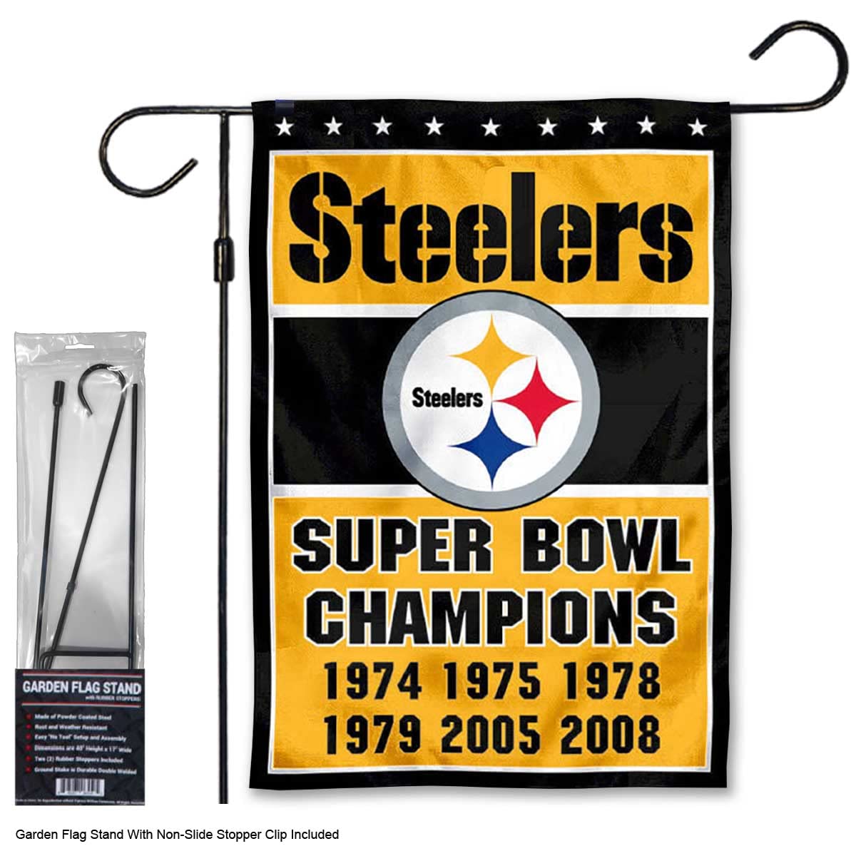 WinCraft Steelers 6 Time Champions Garden Flag and Stand Pole Holder Mount - Sports Collectibles, Sports Memorabilia, Sports Fan Shop, Sports Gifts