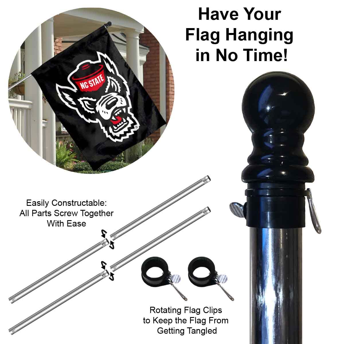 College Flags & Banners Co. NC State Wolfpack Black Double Sided House Flag with Flag Pole Set - Sports Collectibles, Sports Memorabilia, Sports Fan Shop, Sports Gifts
