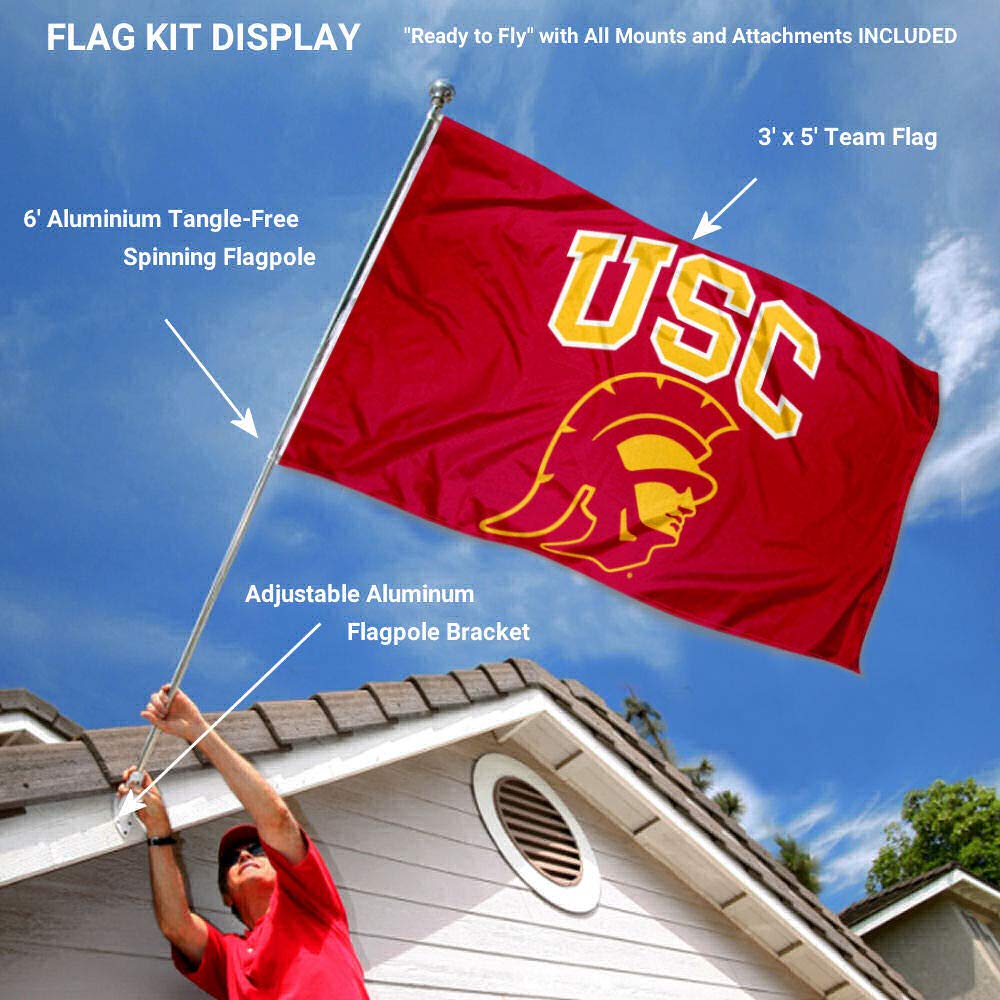 College Flags & Banners Co. USC Trojans New Trojan Head Flag with Pole and Bracket Kit - Sports Collectibles, Sports Memorabilia, Sports Fan Shop, Sports Gifts