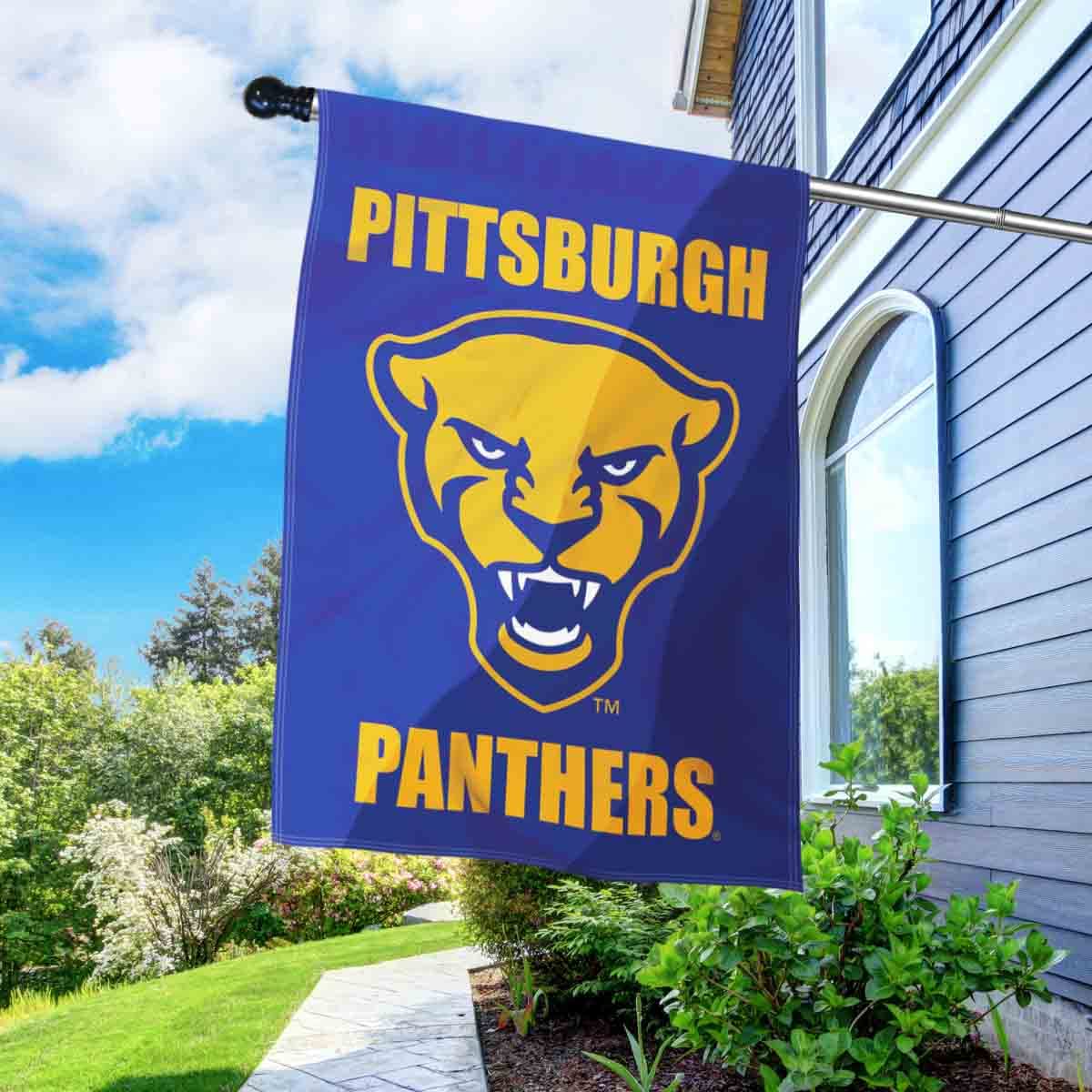 College Flags & Banners Co. Pittsburgh Panthers Logo Double Sided House Flag with Flag Pole Set - Sports Collectibles, Sports Memorabilia, Sports Fan Shop, Sports Gifts