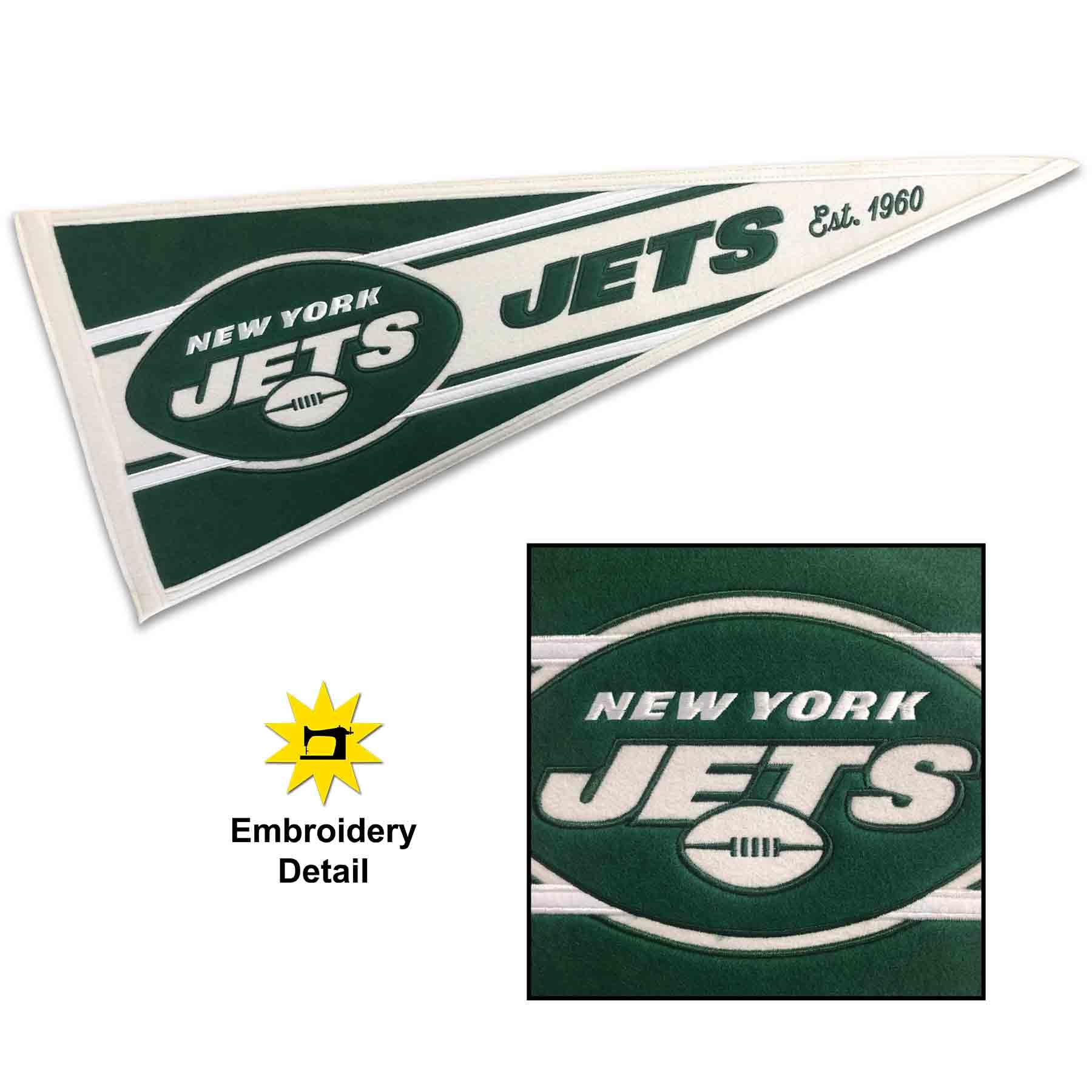 WinCraft New York Jets Embroidered and Sewn Pennant - Sports Collectibles, Sports Memorabilia, Sports Fan Shop, Sports Gifts