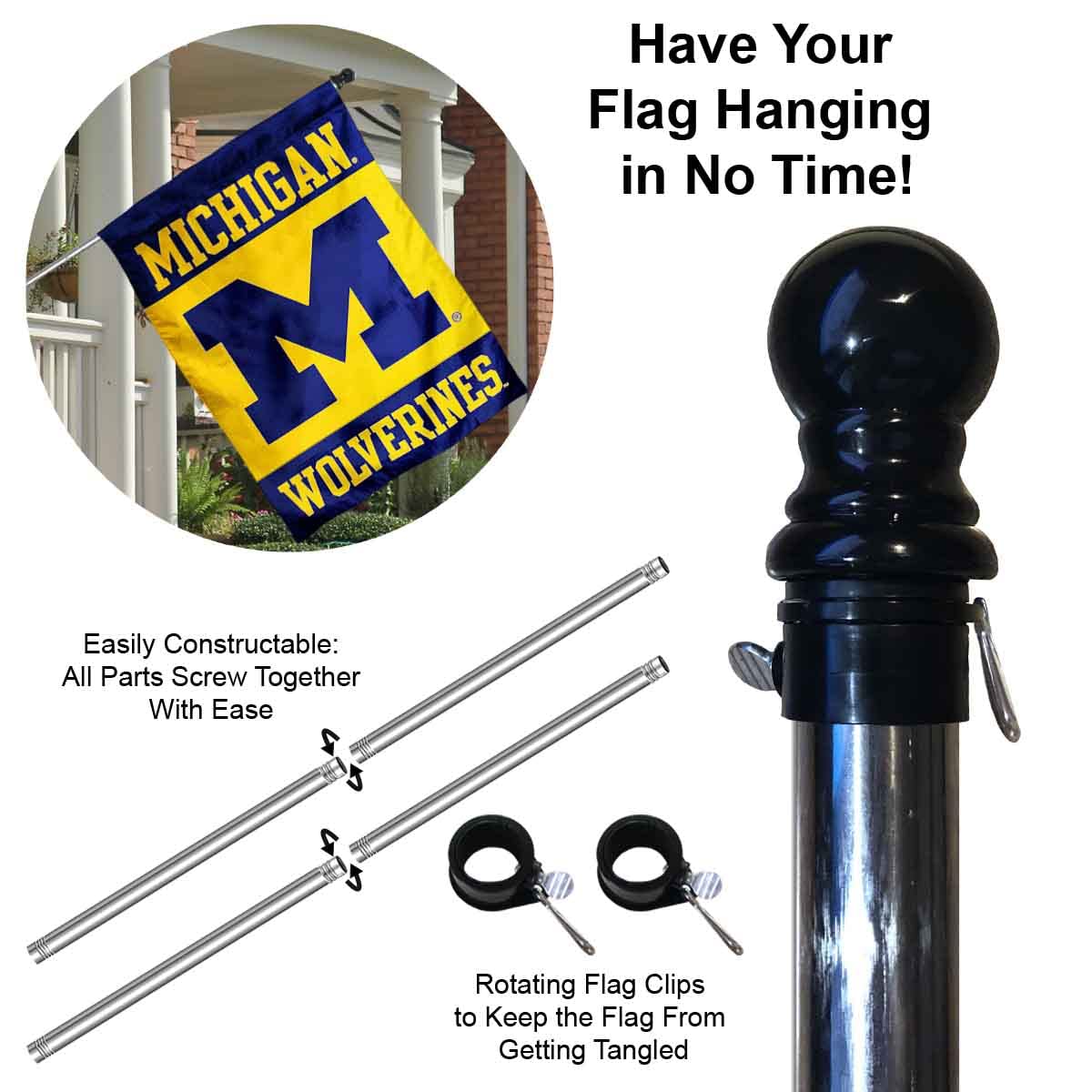 College Flags & Banners Co. Michigan Wolverines House Flag with Flag Pole Set - Sports Collectibles, Sports Memorabilia, Sports Fan Shop, Sports Gifts