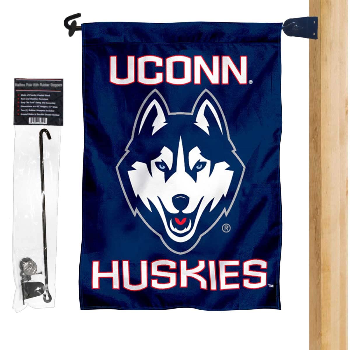 Connecticut Huskies Garden Flag and Mailbox Post Pole Mount Holder Set - Sports Collectibles, Sports Memorabilia, Sports Fan Shop, Sports Gifts