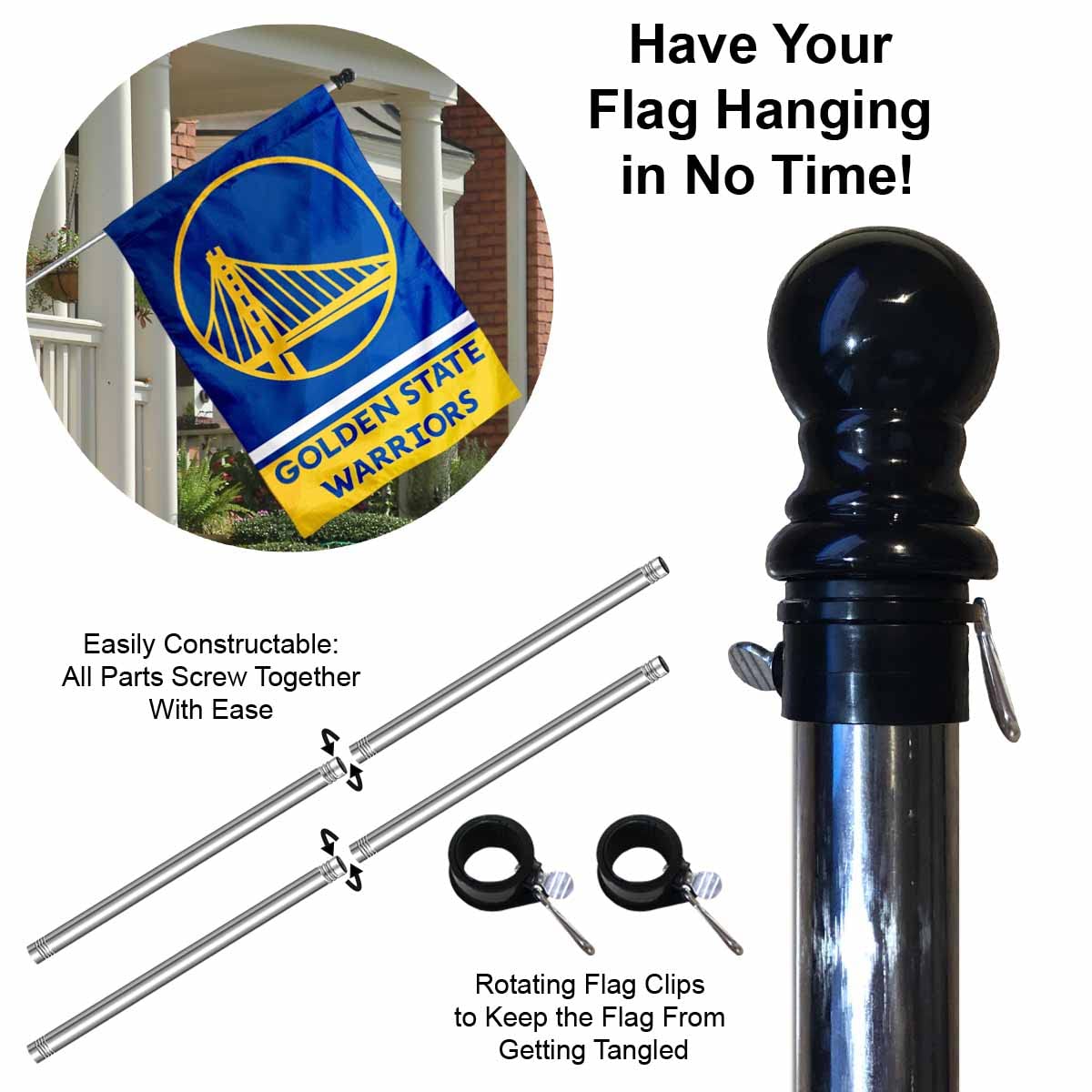 WinCraft Warriors Banner House Flag and 5 Foot Flagpole Set - Sports Collectibles, Sports Memorabilia, Sports Fan Shop, Sports Gifts