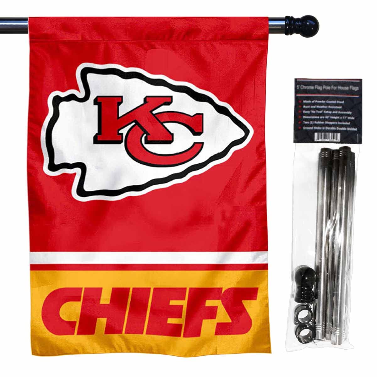 WinCraft Chiefs Banner House Flag and 5 Foot Flagpole Set - Sports Collectibles, Sports Memorabilia, Sports Fan Shop, Sports Gifts