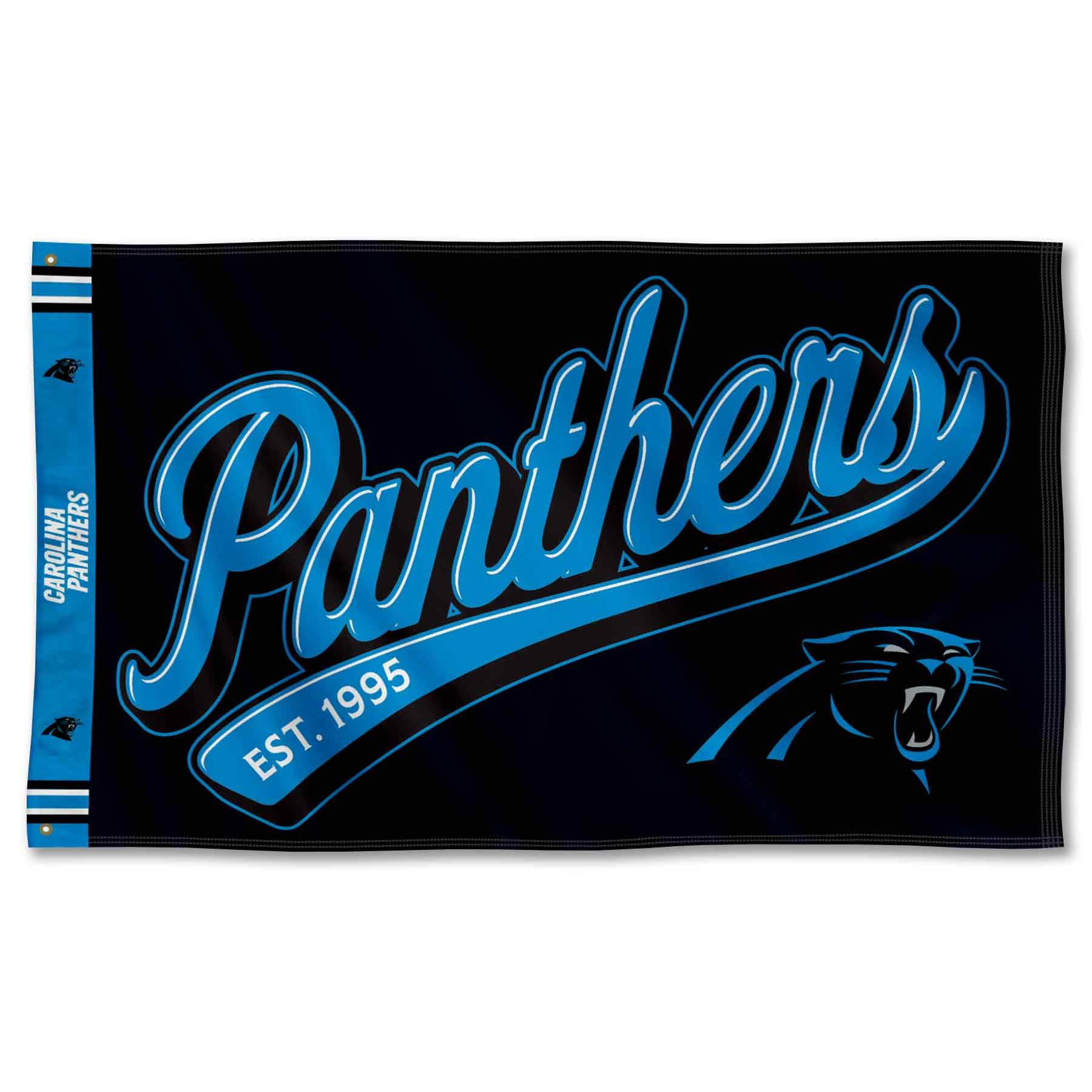 WinCraft Carolina Panthers Script Logo Premium Flag - Sports Collectibles, Sports Memorabilia, Sports Fan Shop, Sports Gifts