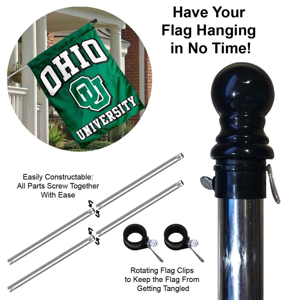College Flags & Banners Co. Ohio University House Flag with Flag Pole Set - Sports Collectibles, Sports Memorabilia, Sports Fan Shop, Sports Gifts