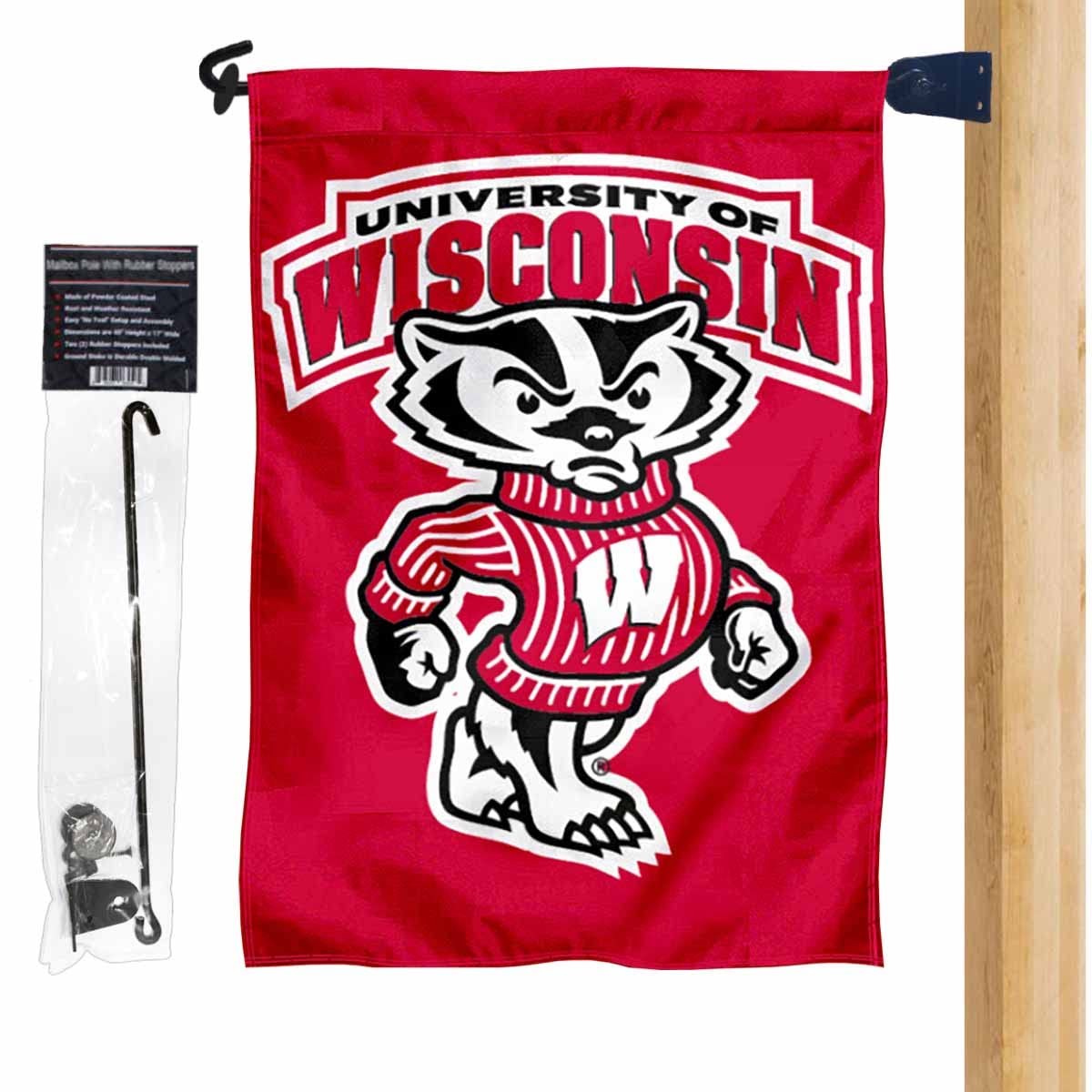 College Flags & Banners Co. UW Badgers Bucky Garden Flag and Mailbox Post Pole Mount Holder Set - Sports Collectibles, Sports Memorabilia, Sports Fan Shop, Sports Gifts