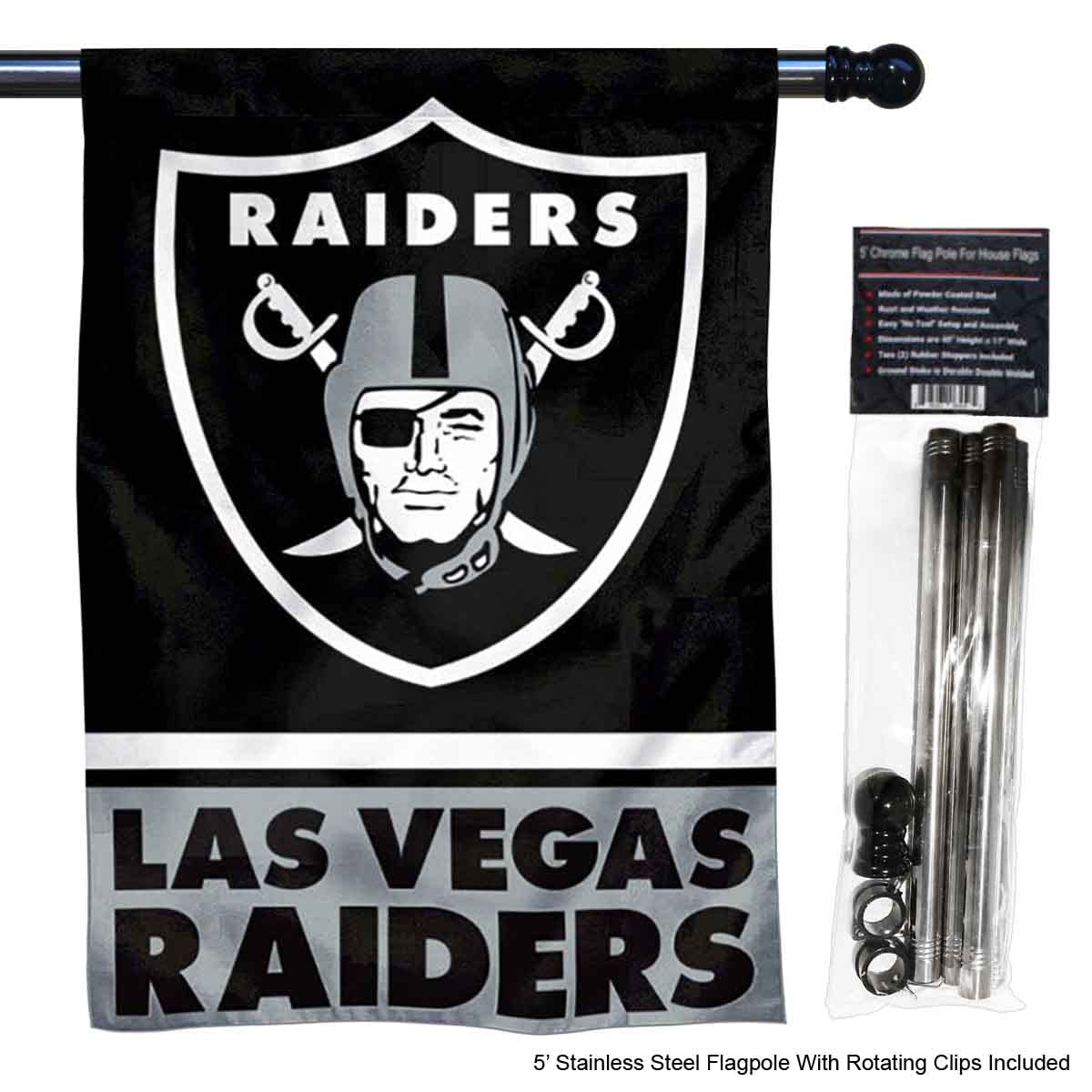 WinCraft Raiders Banner House Flag and 5 Foot Flagpole Set - Sports Collectibles, Sports Memorabilia, Sports Fan Shop, Sports Gifts