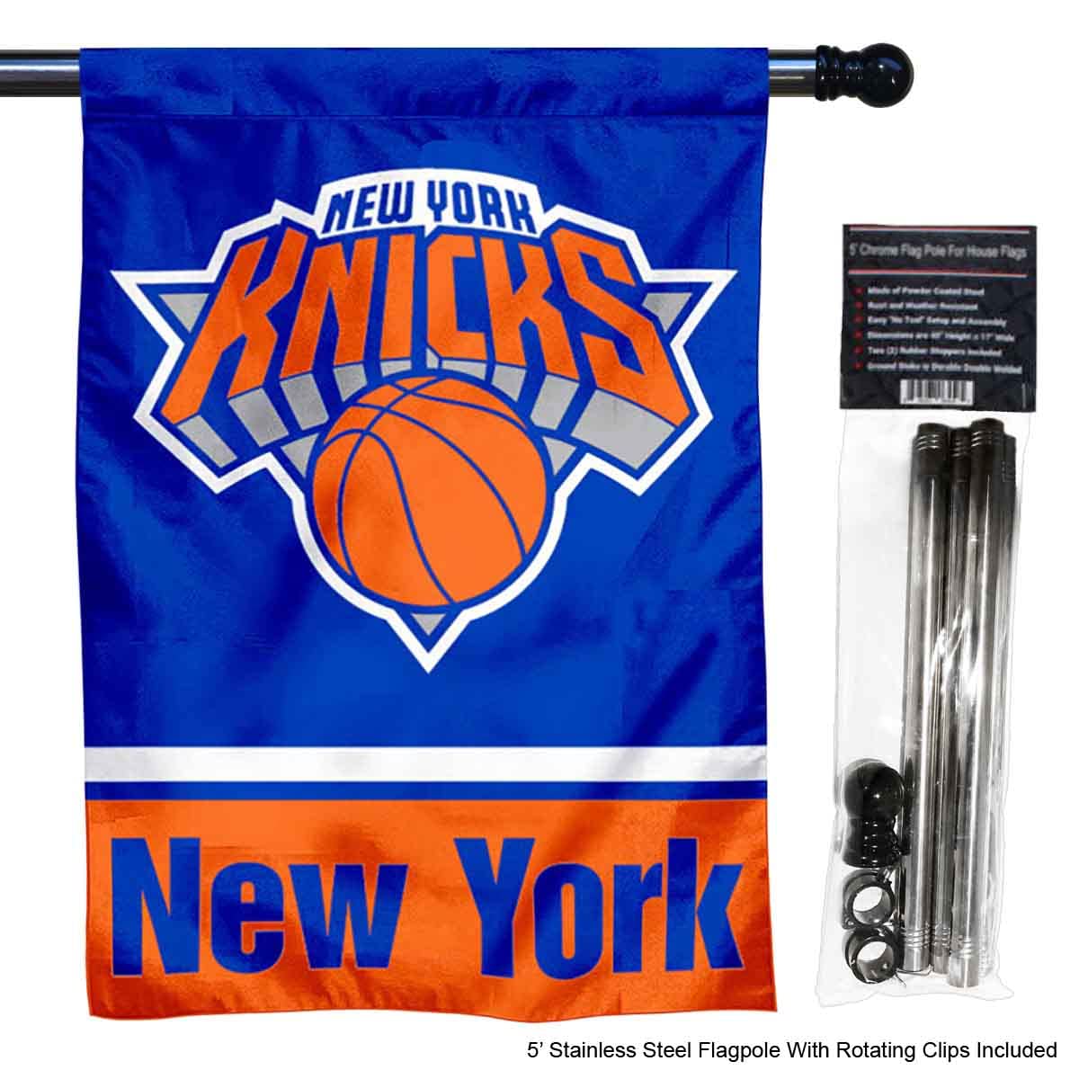 WinCraft Knicks Banner House Flag and 5 Foot Flagpole Set - Sports Collectibles, Sports Memorabilia, Sports Fan Shop, Sports Gifts