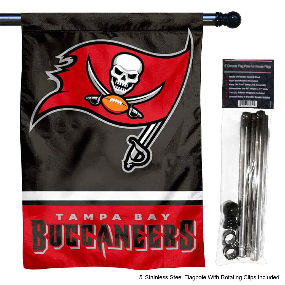 WinCraft Buccaneers Banner House Flag and 5 Foot Flagpole Set - Sports Collectibles, Sports Memorabilia, Sports Fan Shop, Sports Gifts