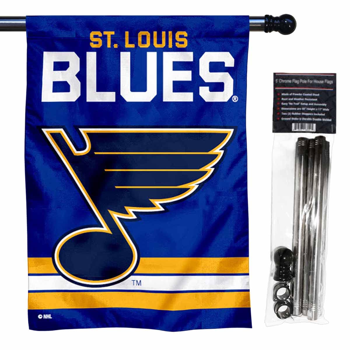 WinCraft Blues Banner House Flag and 5 Foot Flagpole Set - Sports Collectibles, Sports Memorabilia, Sports Fan Shop, Sports Gifts
