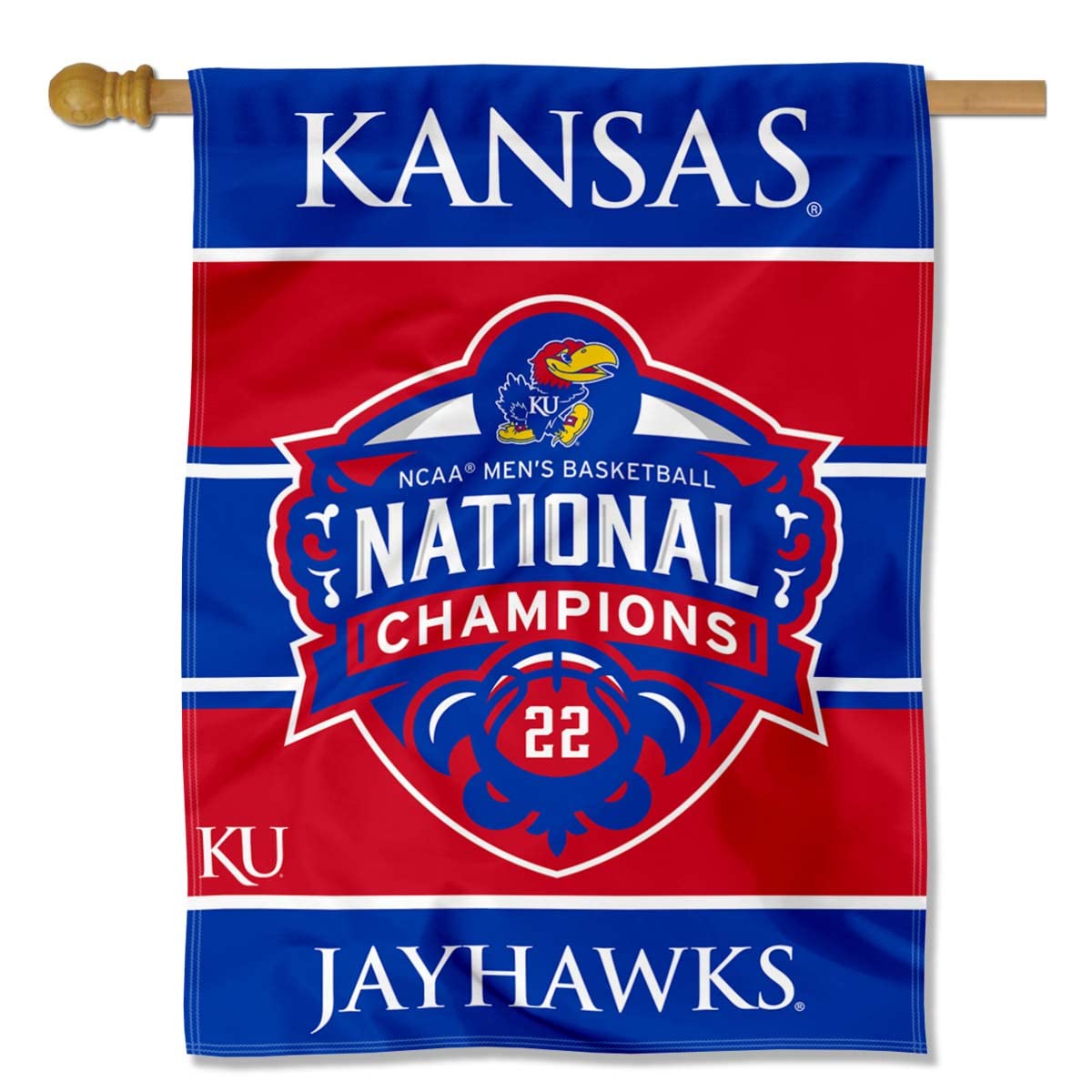 College Flags & Banners Co. Kansas KU Jayhawks 2022 Mens Basketball National Champions Double Sided House Flag - Sports Collectibles, Sports Memorabilia, Sports Fan Shop, Sports Gifts
