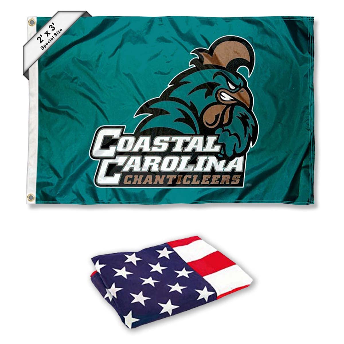 Coastal Carolina Chanticleers Small 2'x3' Flag and USA 3x5 Flag Set - Sports Collectibles, Sports Memorabilia, Sports Fan Shop, Sports Gifts