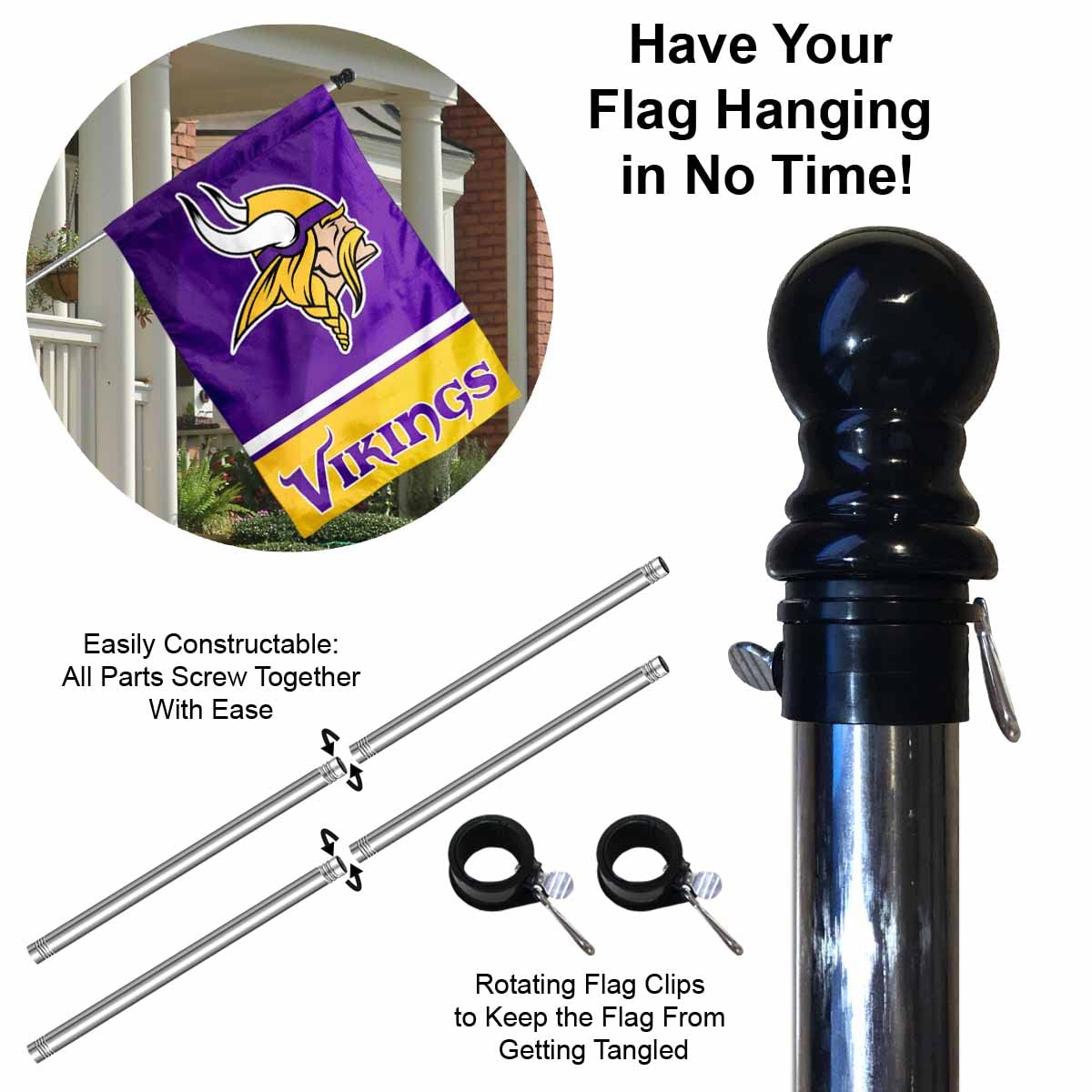 WinCraft Vikings Banner House Flag and 5 Foot Flagpole Set - Sports Collectibles, Sports Memorabilia, Sports Fan Shop, Sports Gifts