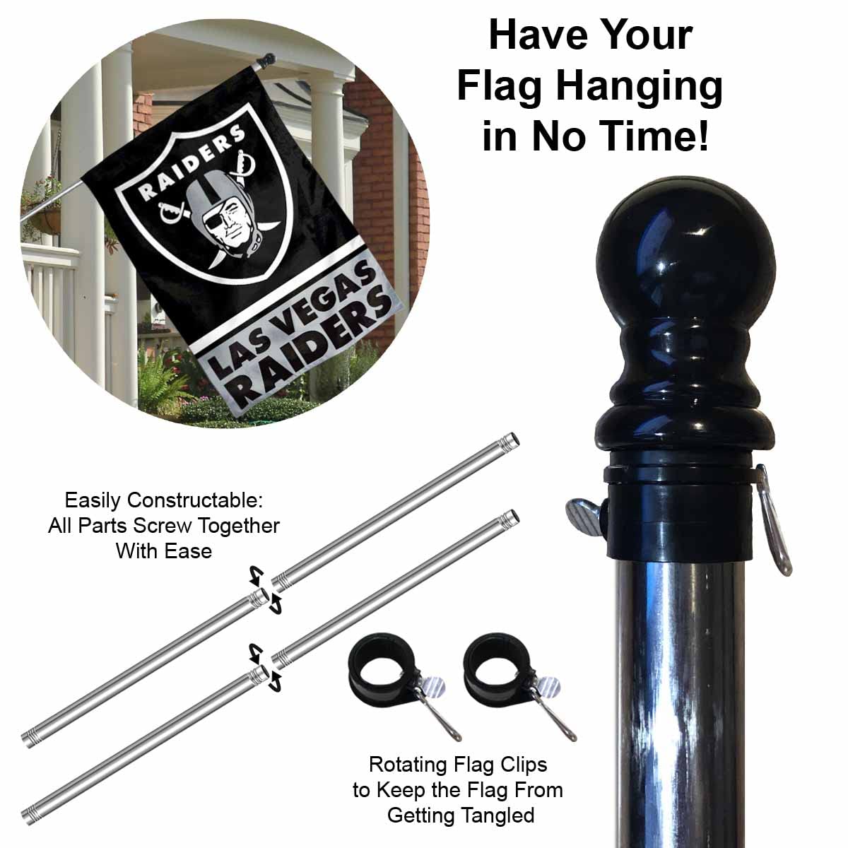WinCraft Raiders Banner House Flag and 5 Foot Flagpole Set - Sports Collectibles, Sports Memorabilia, Sports Fan Shop, Sports Gifts