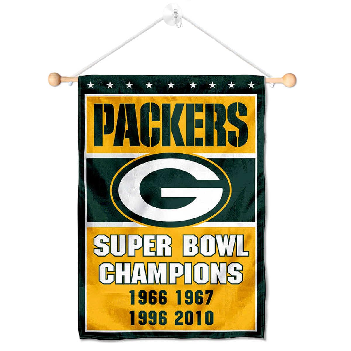 Green Bay Packers 4 Time Champions Banner Window Wall Hanging Flag with Suction Cup - Sports Collectibles, Sports Memorabilia, Sports Fan Shop, Sports Gifts