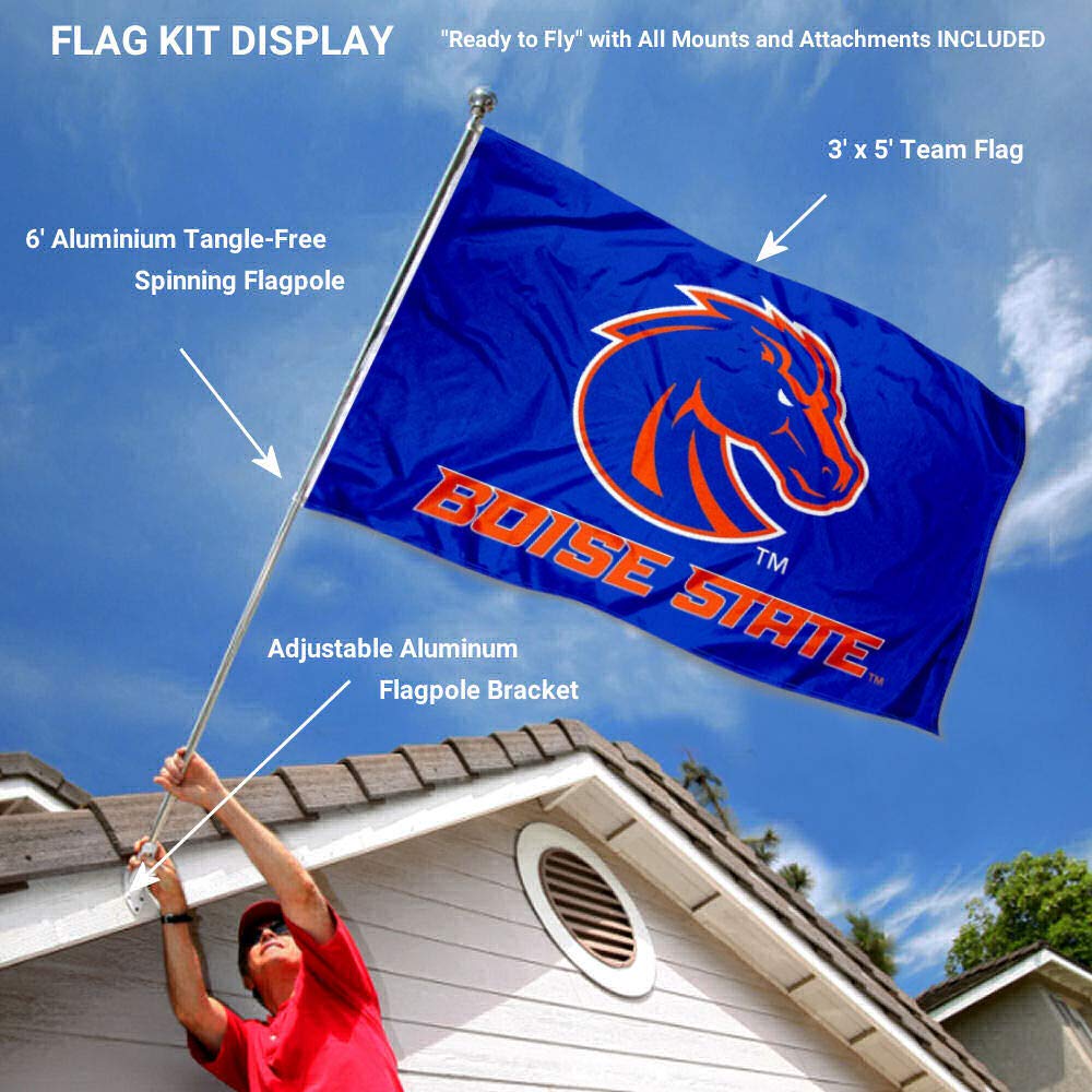 College Flags & Banners Co. Boise State Broncos Blue Flag with Pole and Bracket Complete Set - Sports Collectibles, Sports Memorabilia, Sports Fan Shop, Sports Gifts